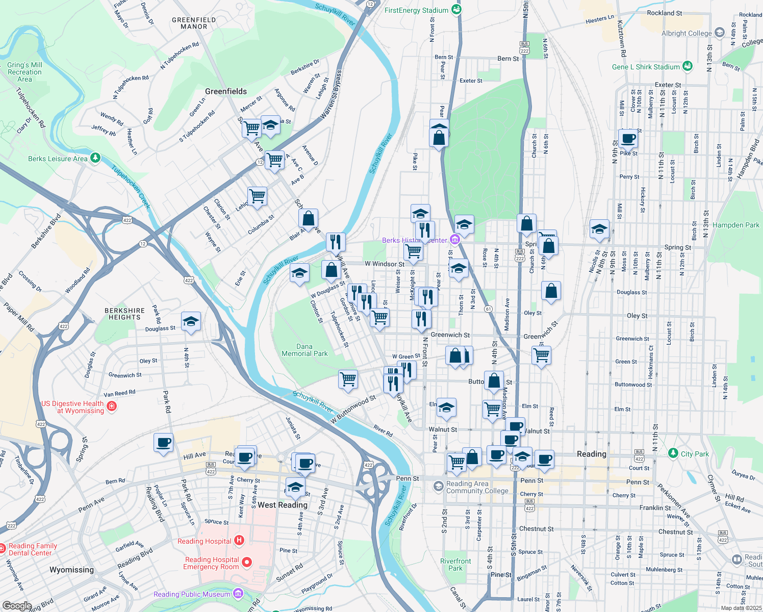 map of restaurants, bars, coffee shops, grocery stores, and more near 239 W Oley St in Reading