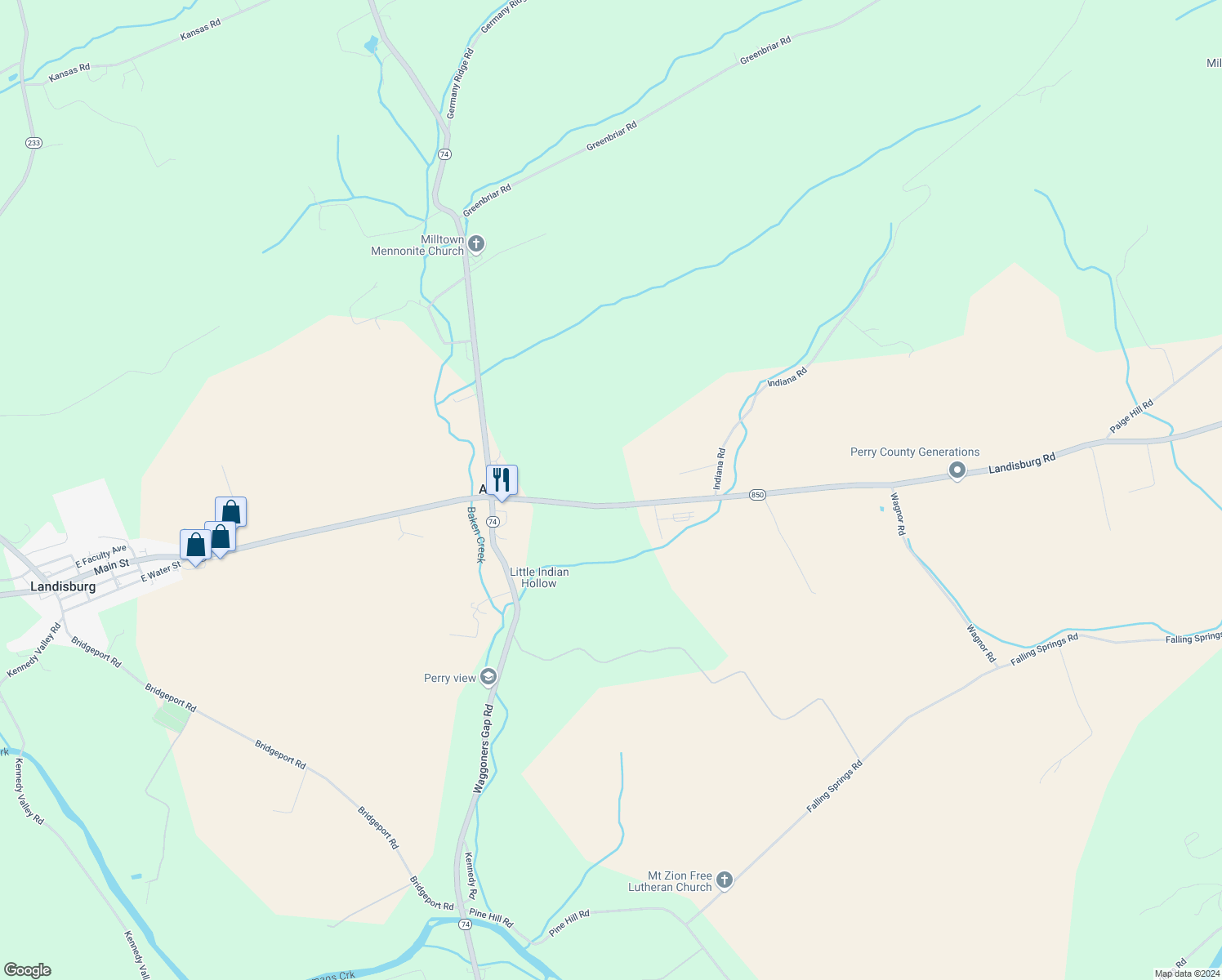 map of restaurants, bars, coffee shops, grocery stores, and more near 1651 Landisburg Road in Landisburg