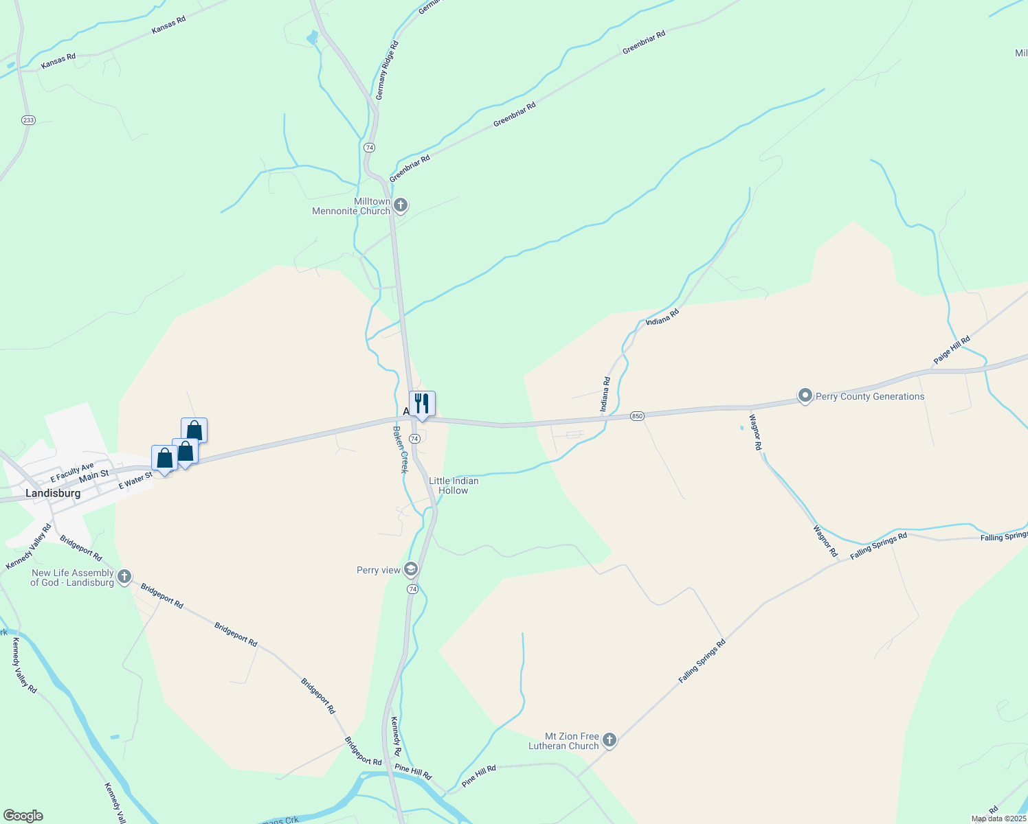 map of restaurants, bars, coffee shops, grocery stores, and more near 1651 Landisburg Rd in Landisburg