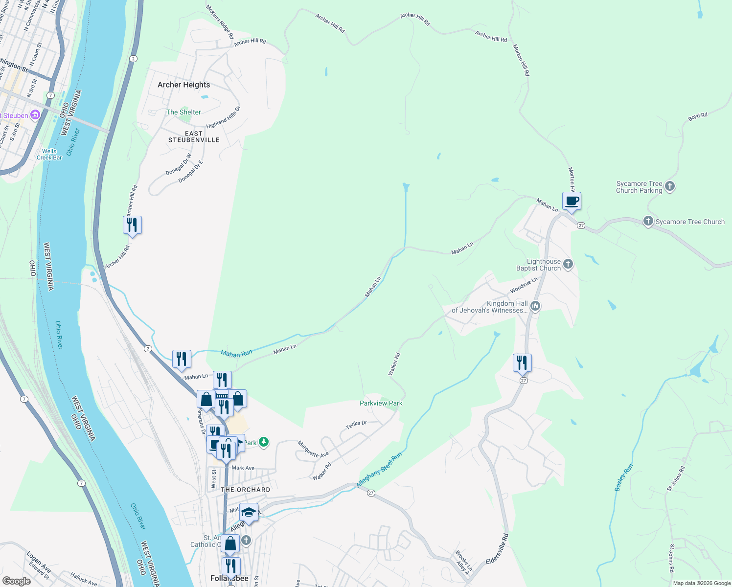 map of restaurants, bars, coffee shops, grocery stores, and more near 249 Mahan Ln in Follansbee