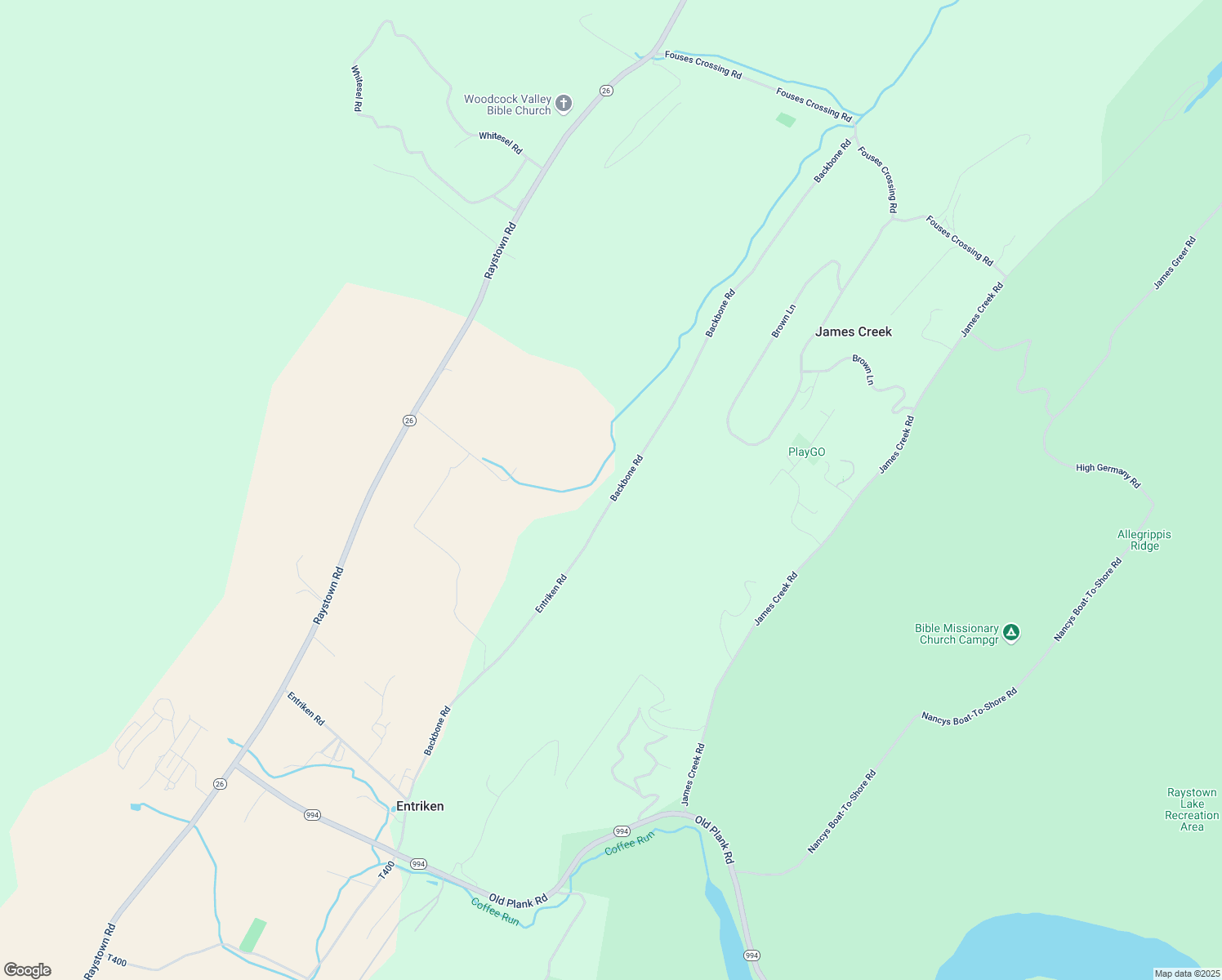 map of restaurants, bars, coffee shops, grocery stores, and more near Backbone Road in James Creek