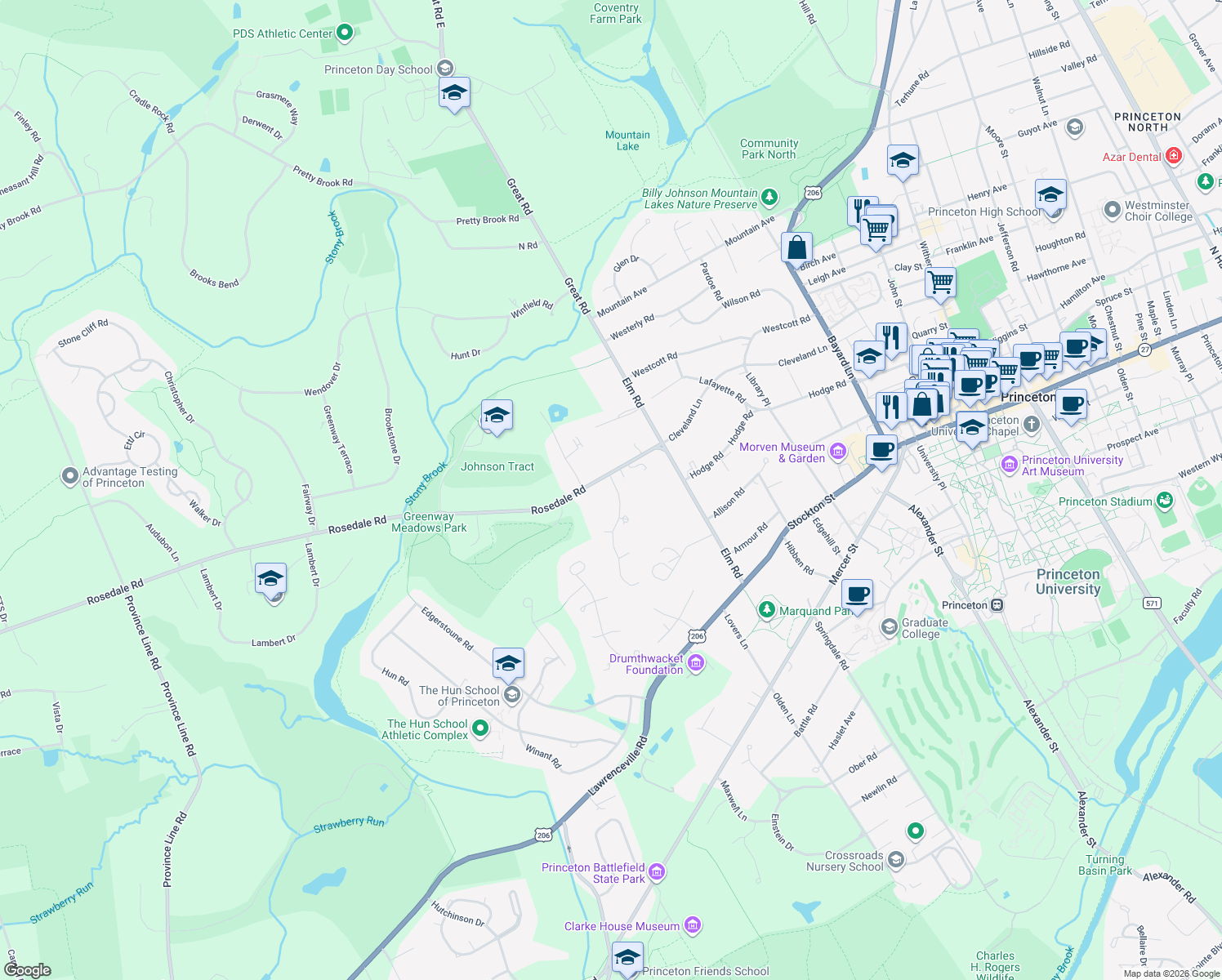 map of restaurants, bars, coffee shops, grocery stores, and more near 60 Constitution Hill West in Princeton