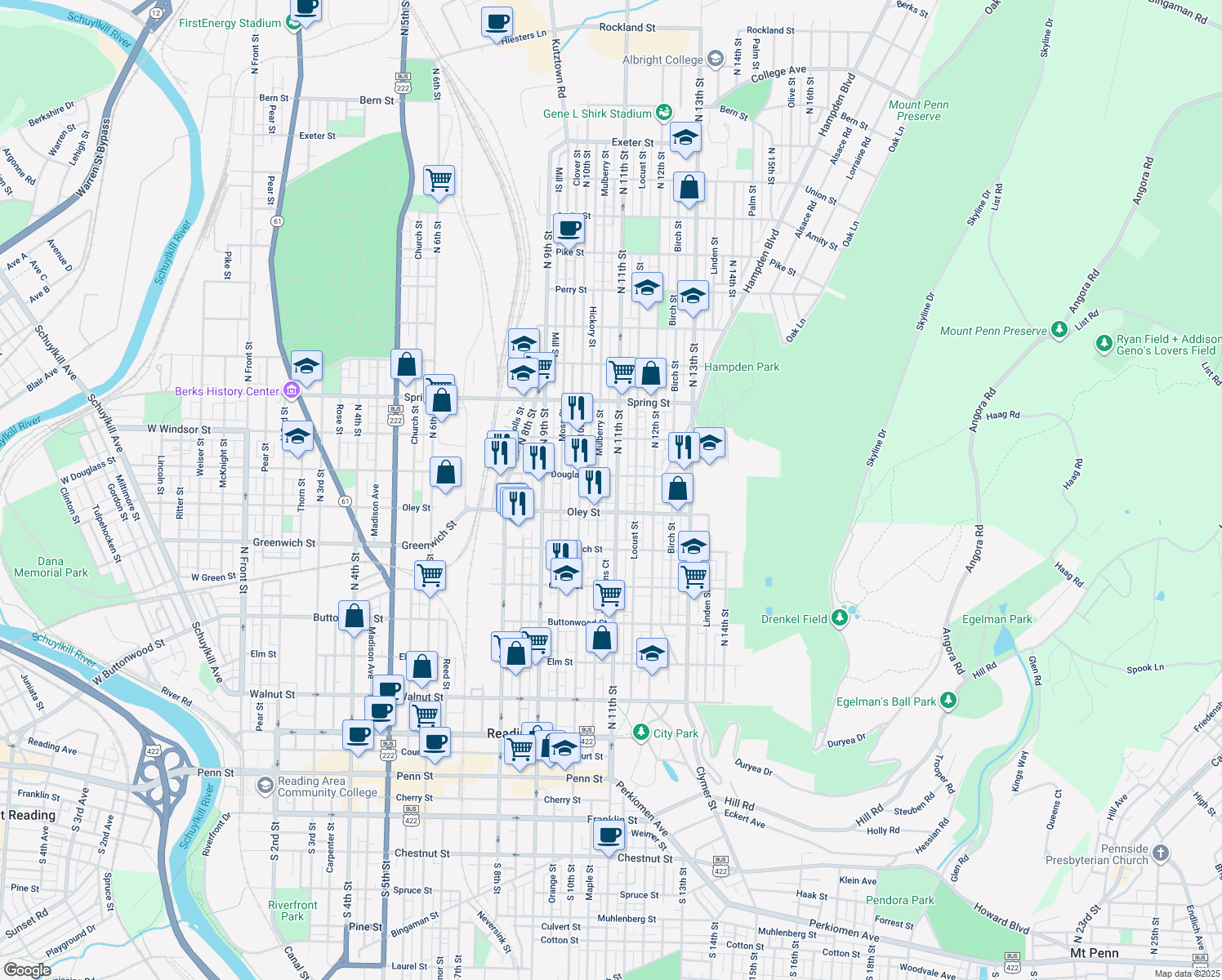 map of restaurants, bars, coffee shops, grocery stores, and more near 732 North 11th Street in Reading