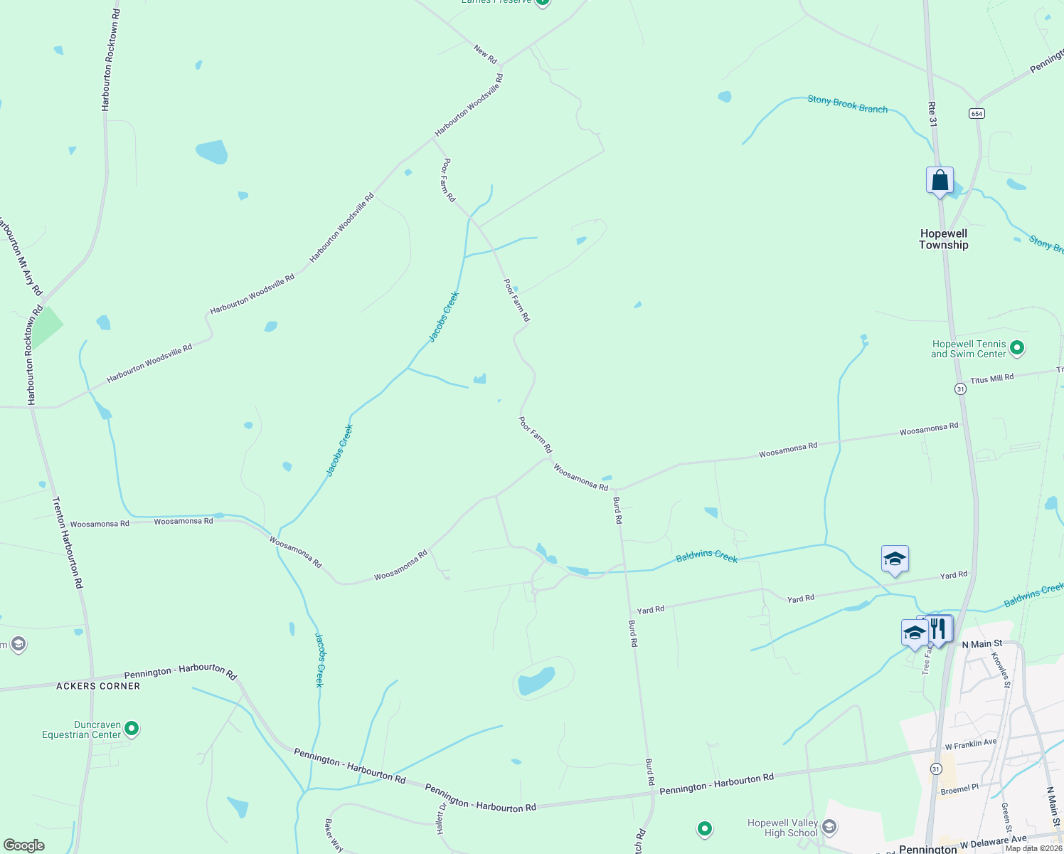 map of restaurants, bars, coffee shops, grocery stores, and more near 72 Poor Farm Road in Pennington