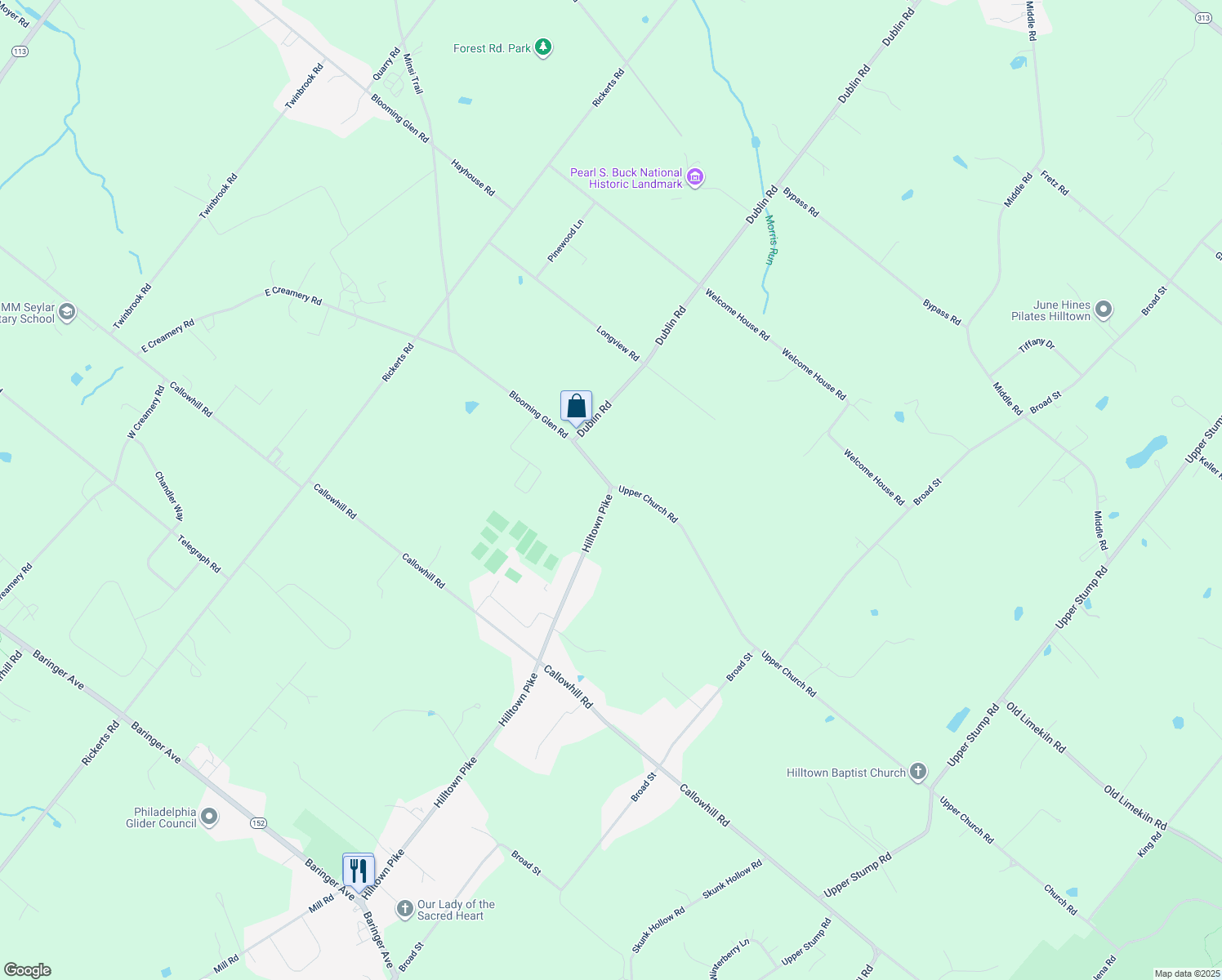 map of restaurants, bars, coffee shops, grocery stores, and more near 2730 Hilltown Pike in Perkasie