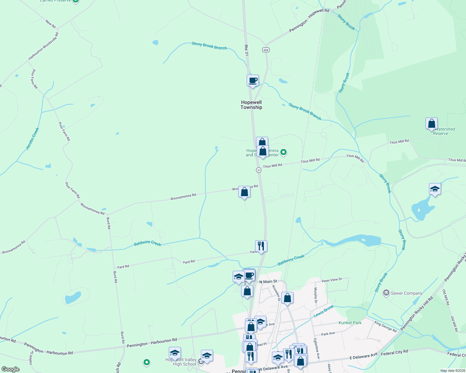 map of restaurants, bars, coffee shops, grocery stores, and more near 19 Woosamonsa Road in Pennington