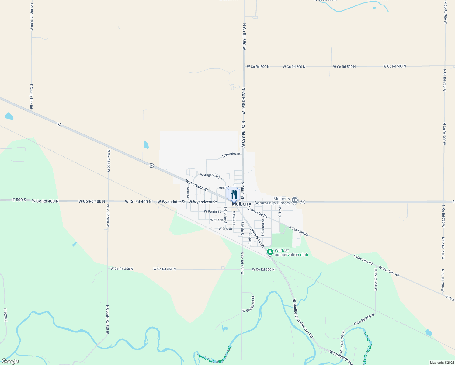 map of restaurants, bars, coffee shops, grocery stores, and more near 225 N Greeley St in Mulberry