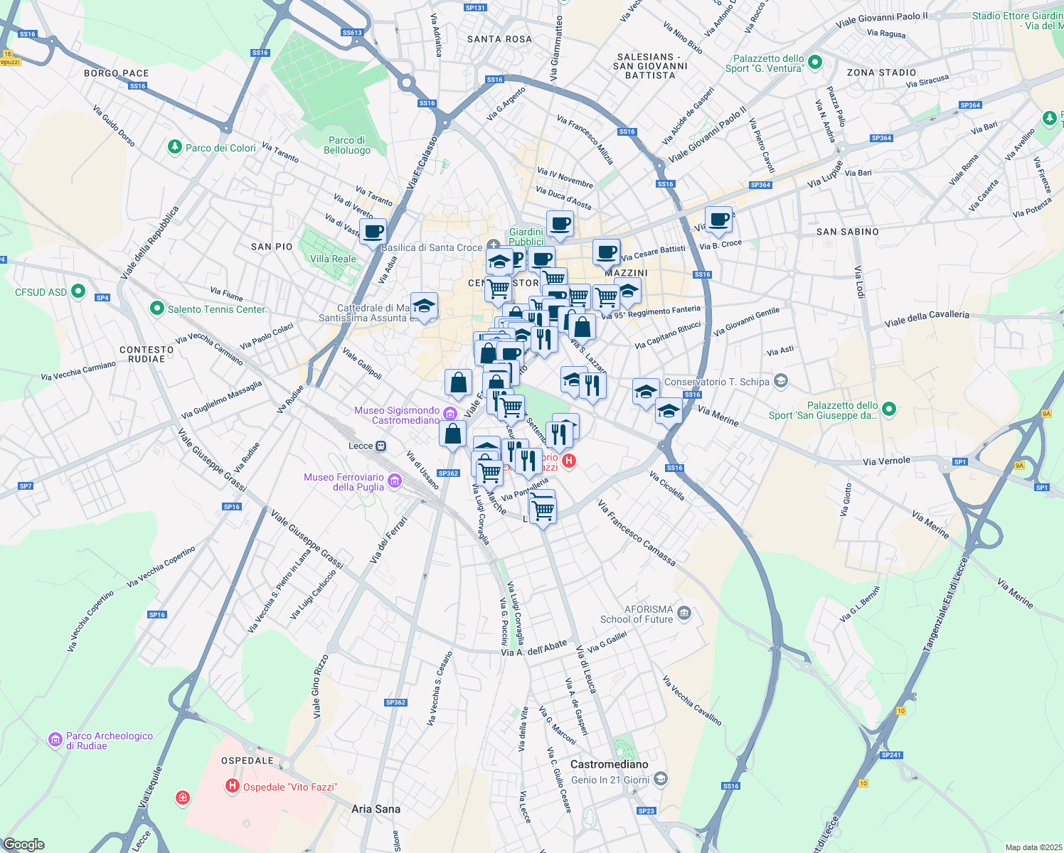 map of restaurants, bars, coffee shops, grocery stores, and more near 23 Viale XX Settembre in Lecce