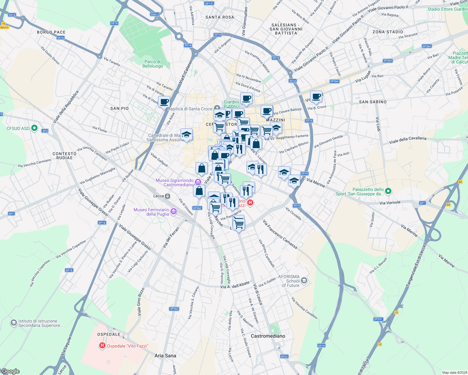 map of restaurants, bars, coffee shops, grocery stores, and more near 23 Viale XX Settembre in Lecce
