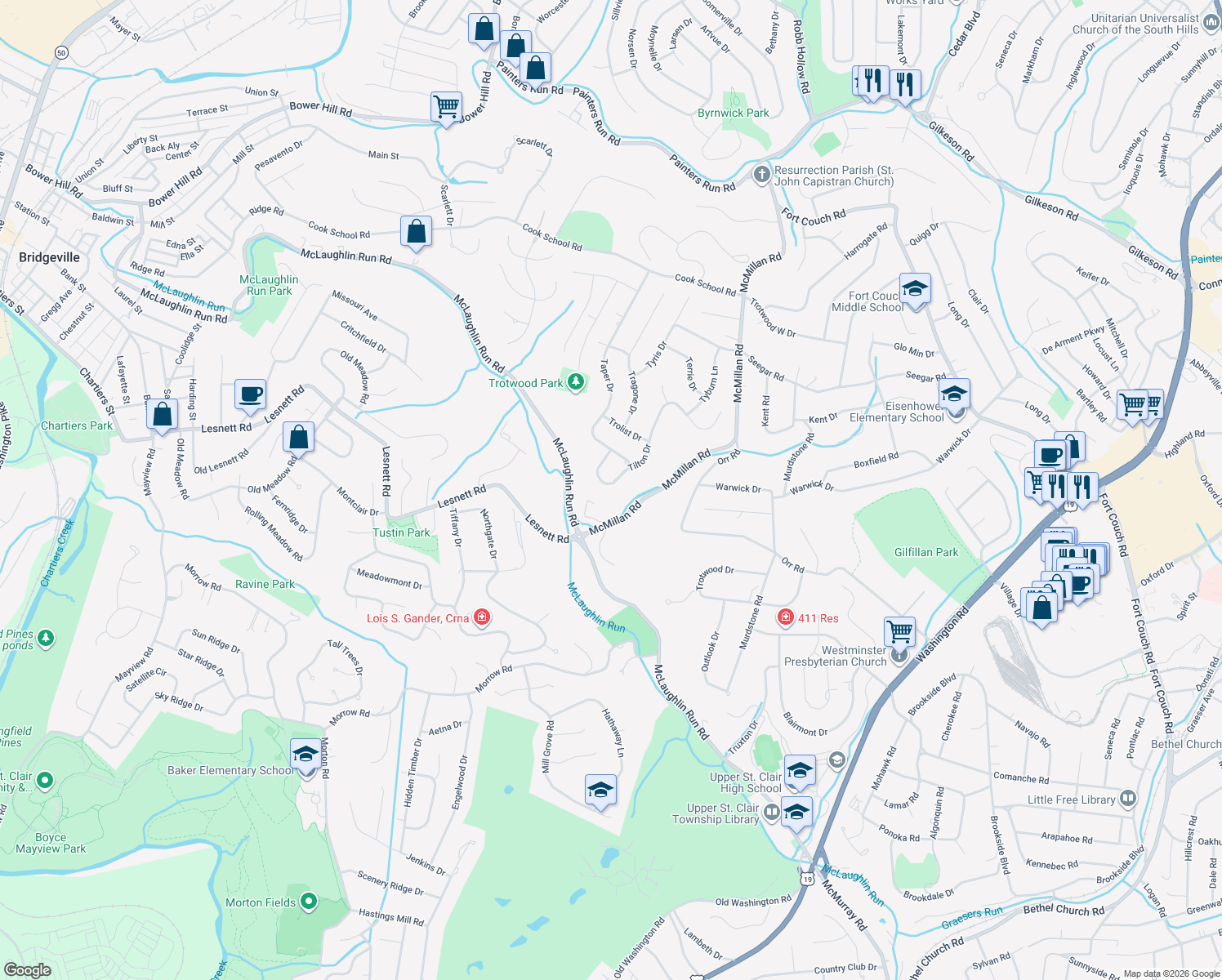 map of restaurants, bars, coffee shops, grocery stores, and more near 1873 Tilton Drive in Pittsburgh