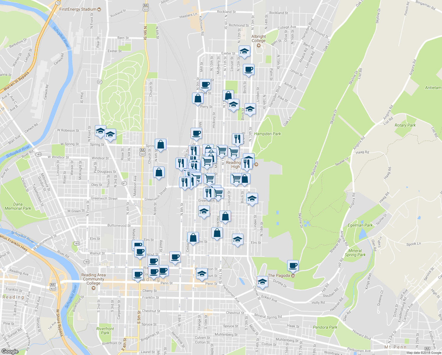 map of restaurants, bars, coffee shops, grocery stores, and more near 742 North 11th Street in Reading