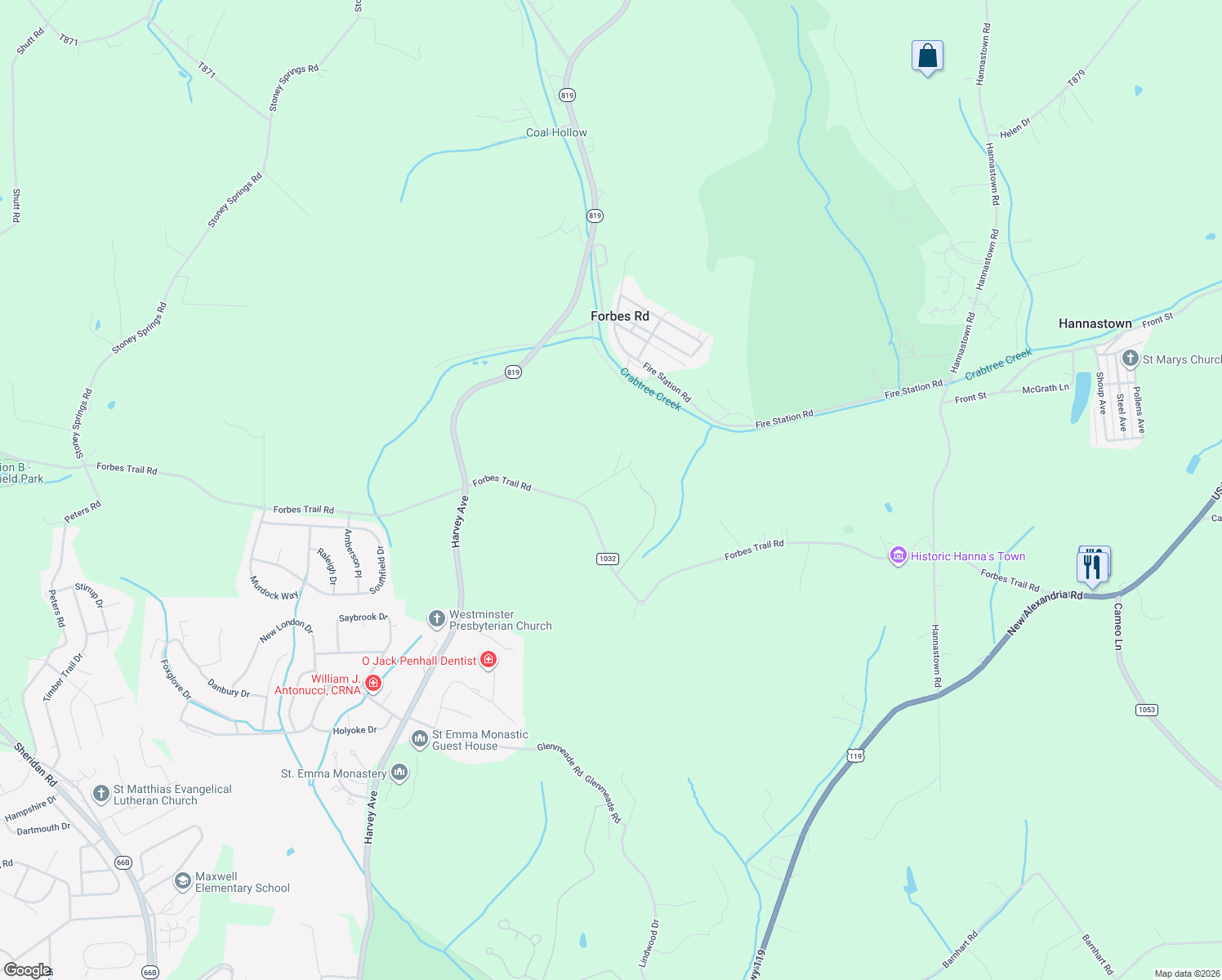 map of restaurants, bars, coffee shops, grocery stores, and more near 603 Forbes Trail Rd in Greensburg