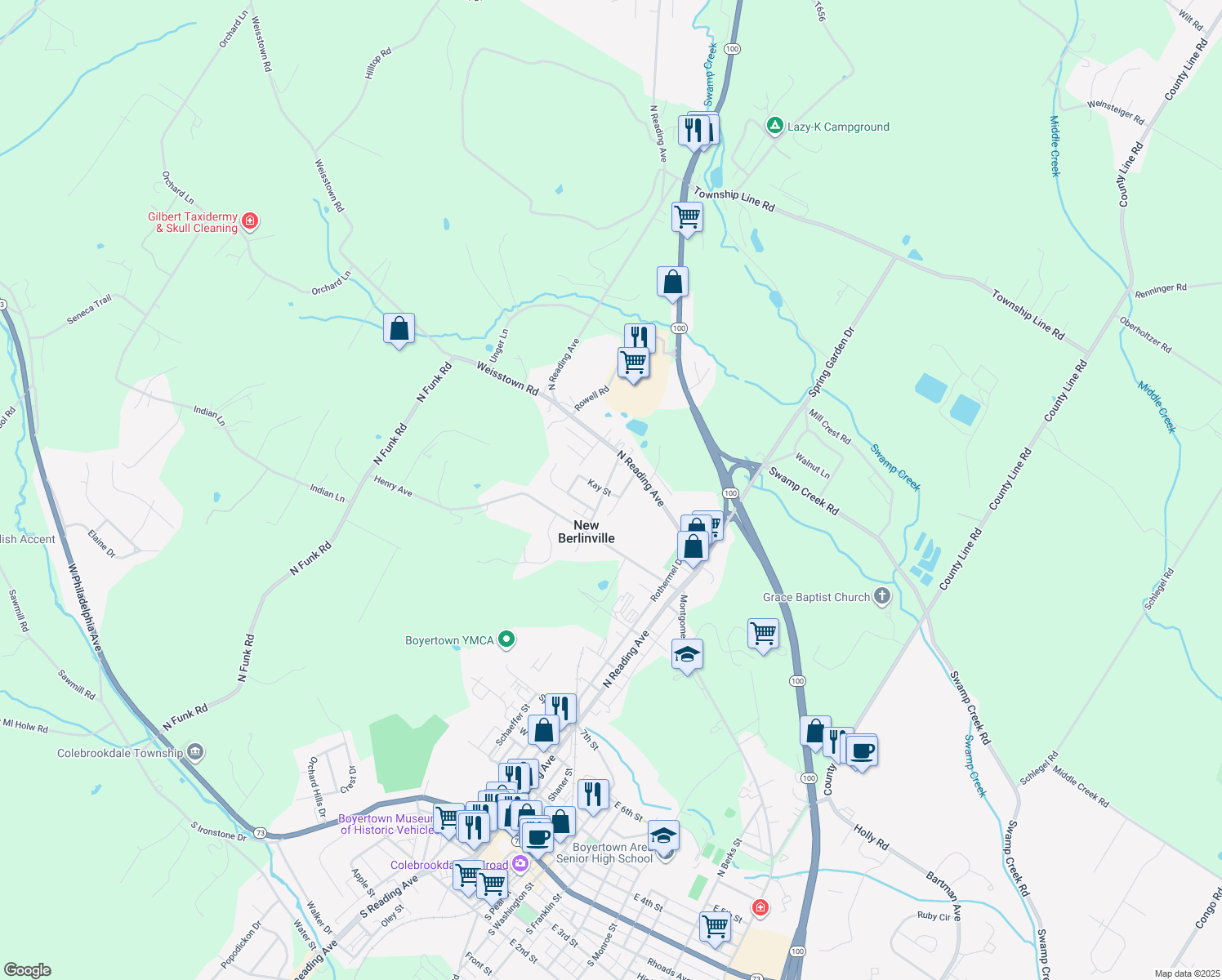 map of restaurants, bars, coffee shops, grocery stores, and more near 257 Landis Ln in Boyertown