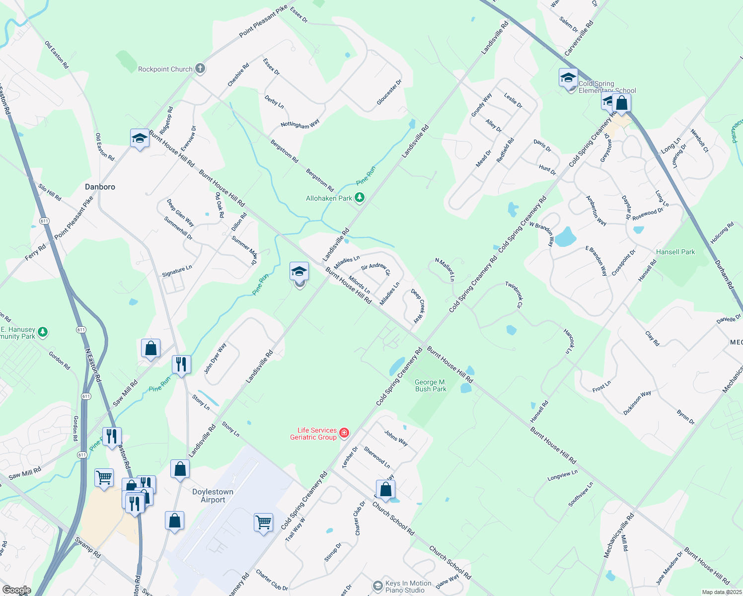 map of restaurants, bars, coffee shops, grocery stores, and more near 4164 Milords Lane in Doylestown