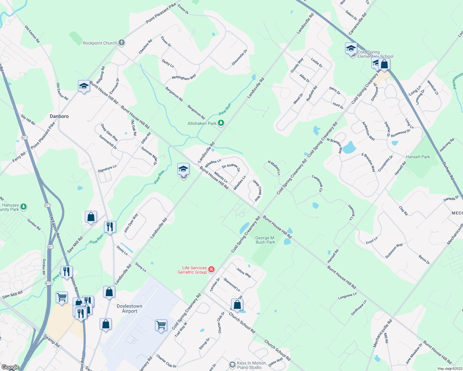 map of restaurants, bars, coffee shops, grocery stores, and more near 4162 Milords Lane in Doylestown