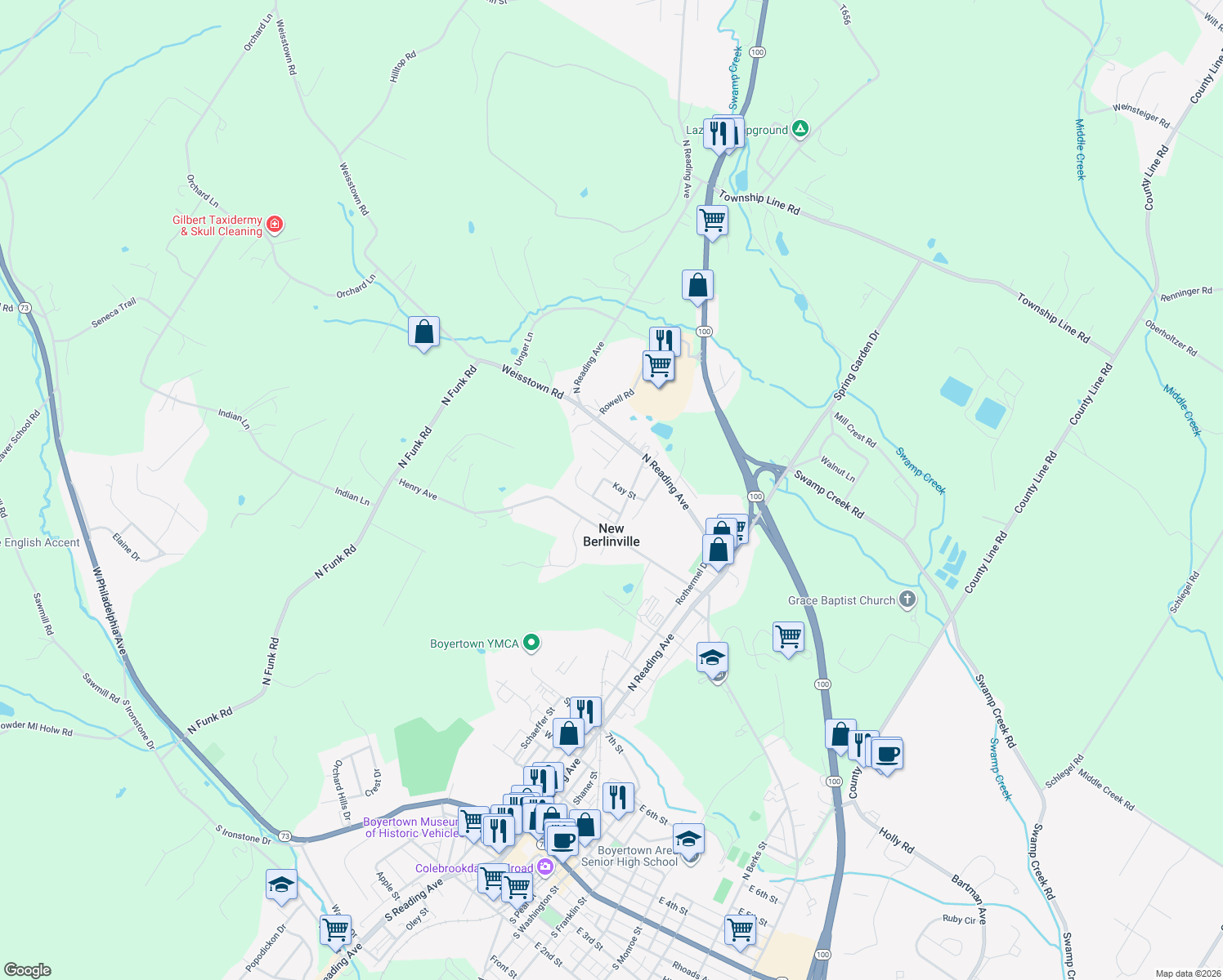 map of restaurants, bars, coffee shops, grocery stores, and more near 32 Kay Street in Boyertown