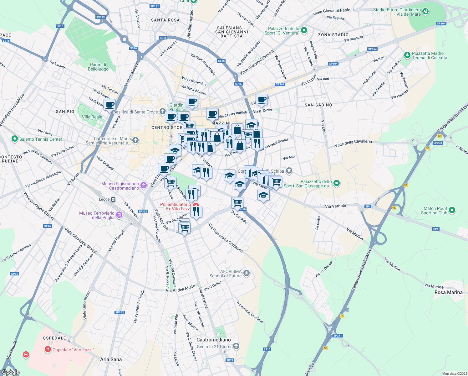 map of restaurants, bars, coffee shops, grocery stores, and more near 7-9 Via Francesco Patitari in Lecce