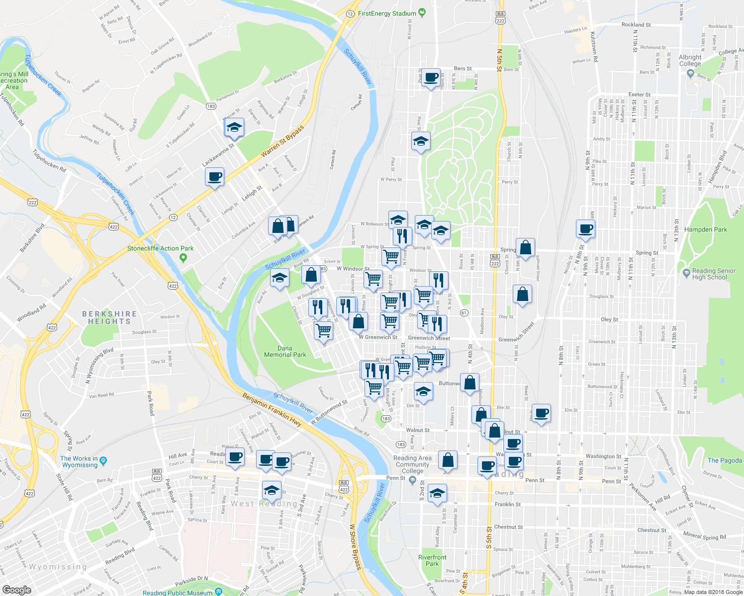 map of restaurants, bars, coffee shops, grocery stores, and more near 744 Weiser Street in Reading