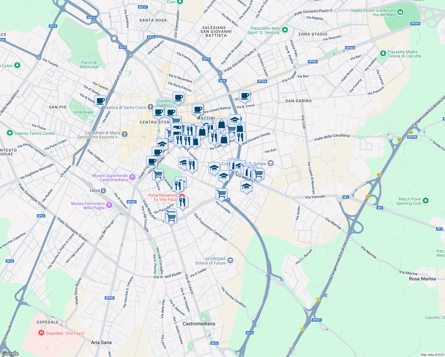 map of restaurants, bars, coffee shops, grocery stores, and more near 9 Via Francesco Patitari in Lecce