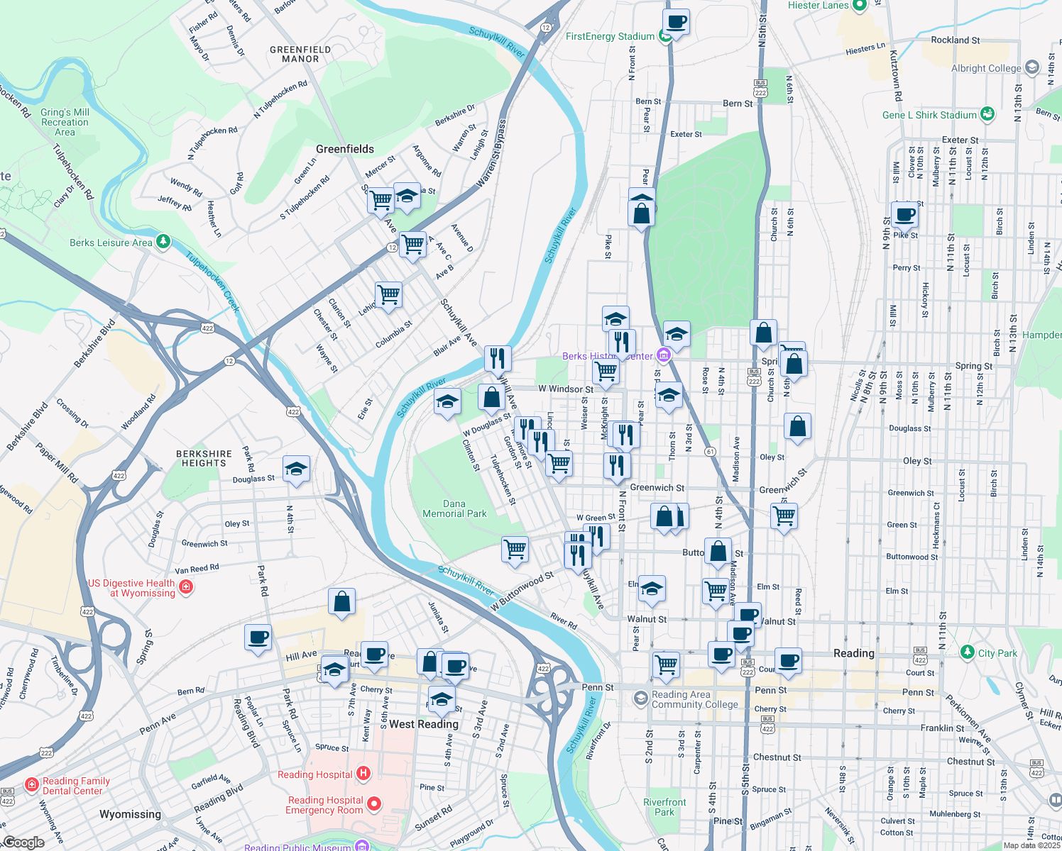 map of restaurants, bars, coffee shops, grocery stores, and more near 338 W Douglass St in Reading