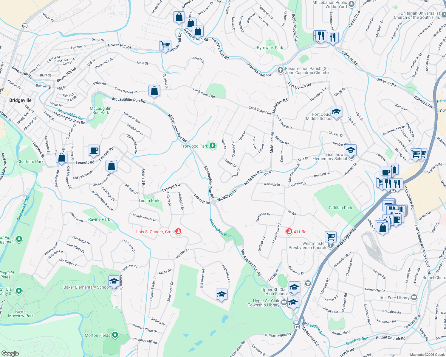 map of restaurants, bars, coffee shops, grocery stores, and more near 1873 Tilton Drive in Pittsburgh