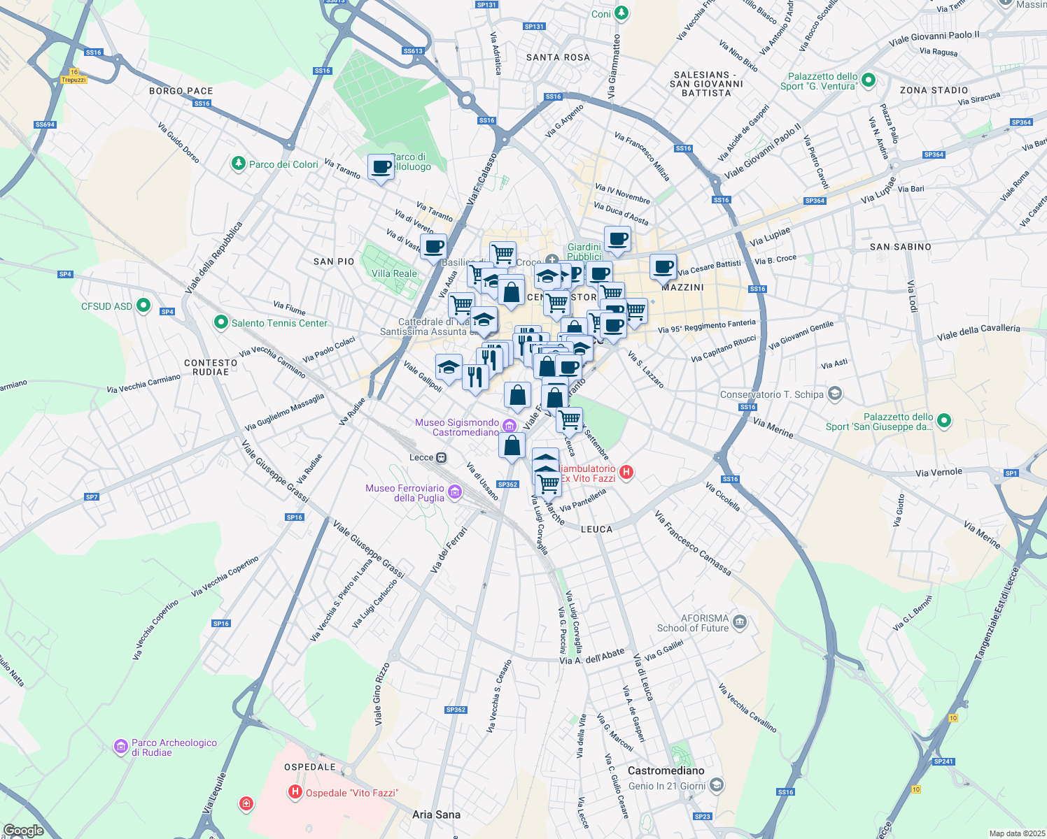 map of restaurants, bars, coffee shops, grocery stores, and more near Vicolo Nohi in Lecce