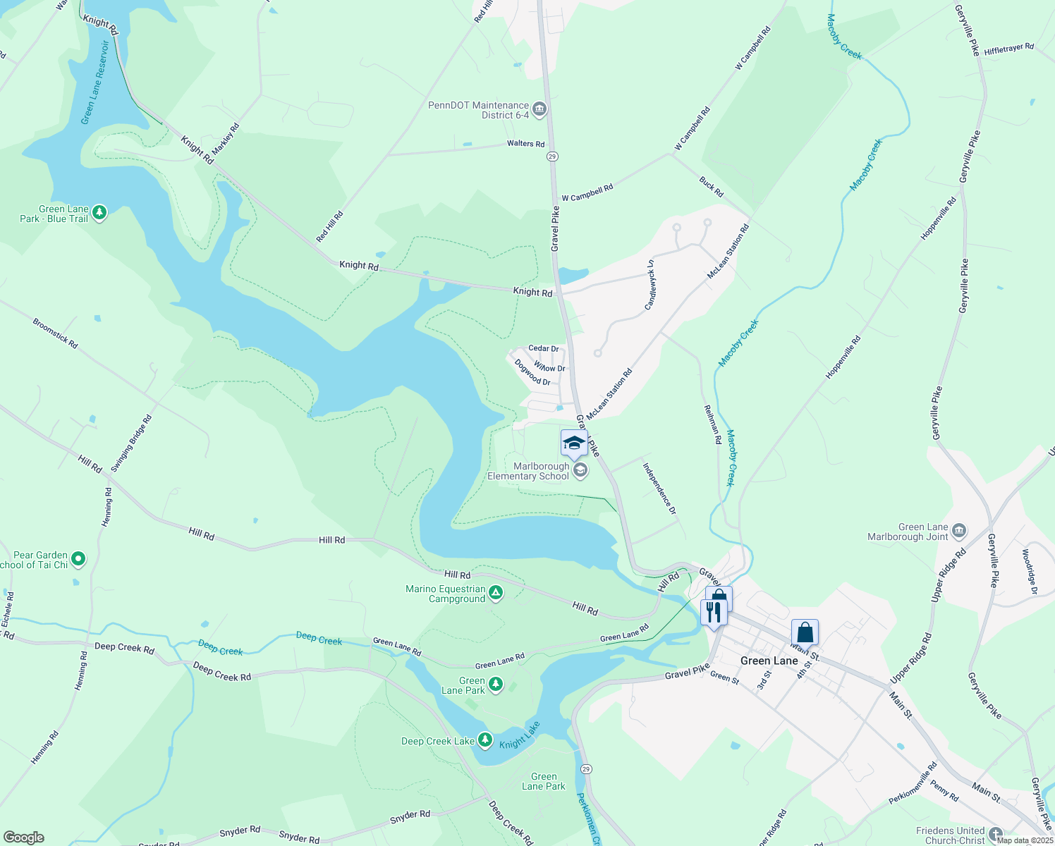 map of restaurants, bars, coffee shops, grocery stores, and more near 915 Lakeview Drive in Green Lane