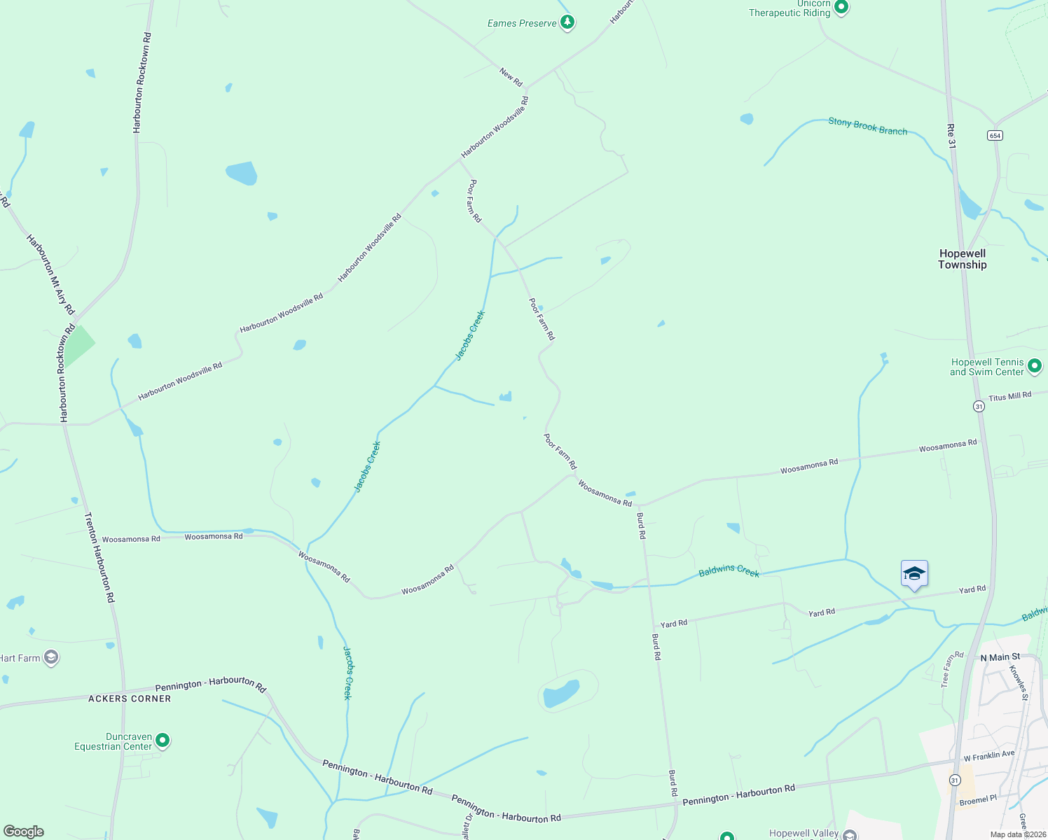 map of restaurants, bars, coffee shops, grocery stores, and more near 67 Poor Farm Road in Pennington