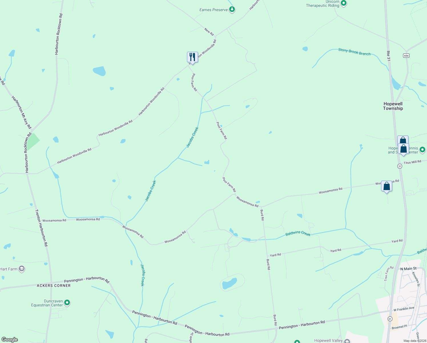map of restaurants, bars, coffee shops, grocery stores, and more near 67 Poor Farm Road in Pennington