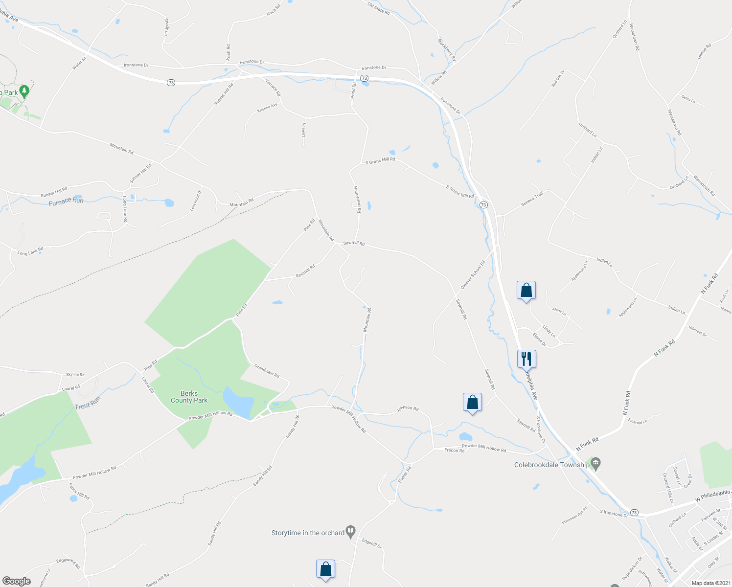 map of restaurants, bars, coffee shops, grocery stores, and more near 258 Mountain Rd in Boyertown