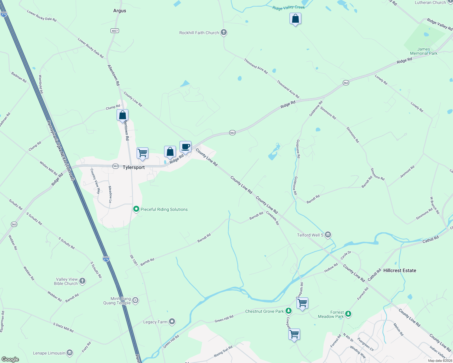 map of restaurants, bars, coffee shops, grocery stores, and more near 80 S County Line Rd in Telford
