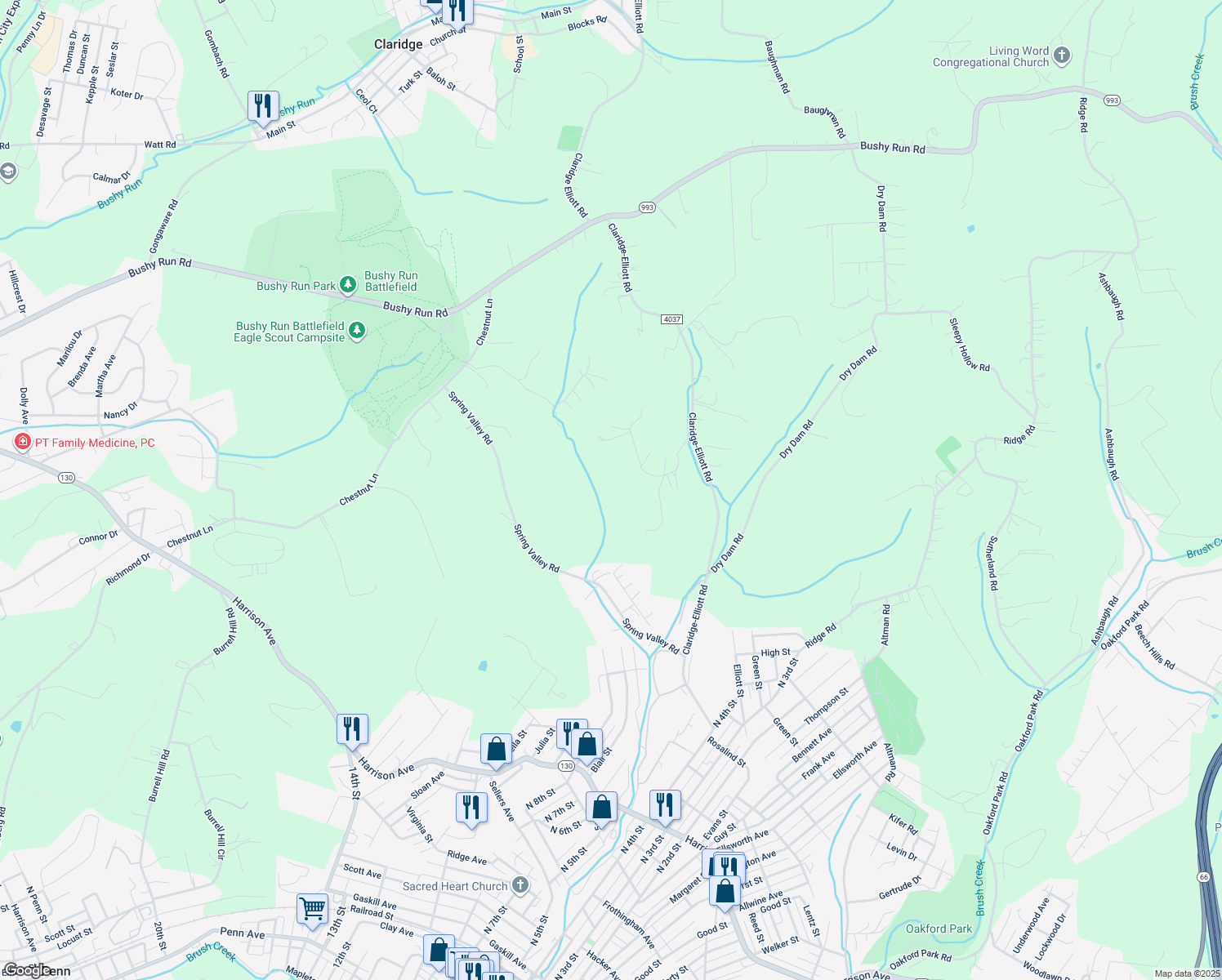 map of restaurants, bars, coffee shops, grocery stores, and more near 1001-1099 Christifano Lane in Jeannette