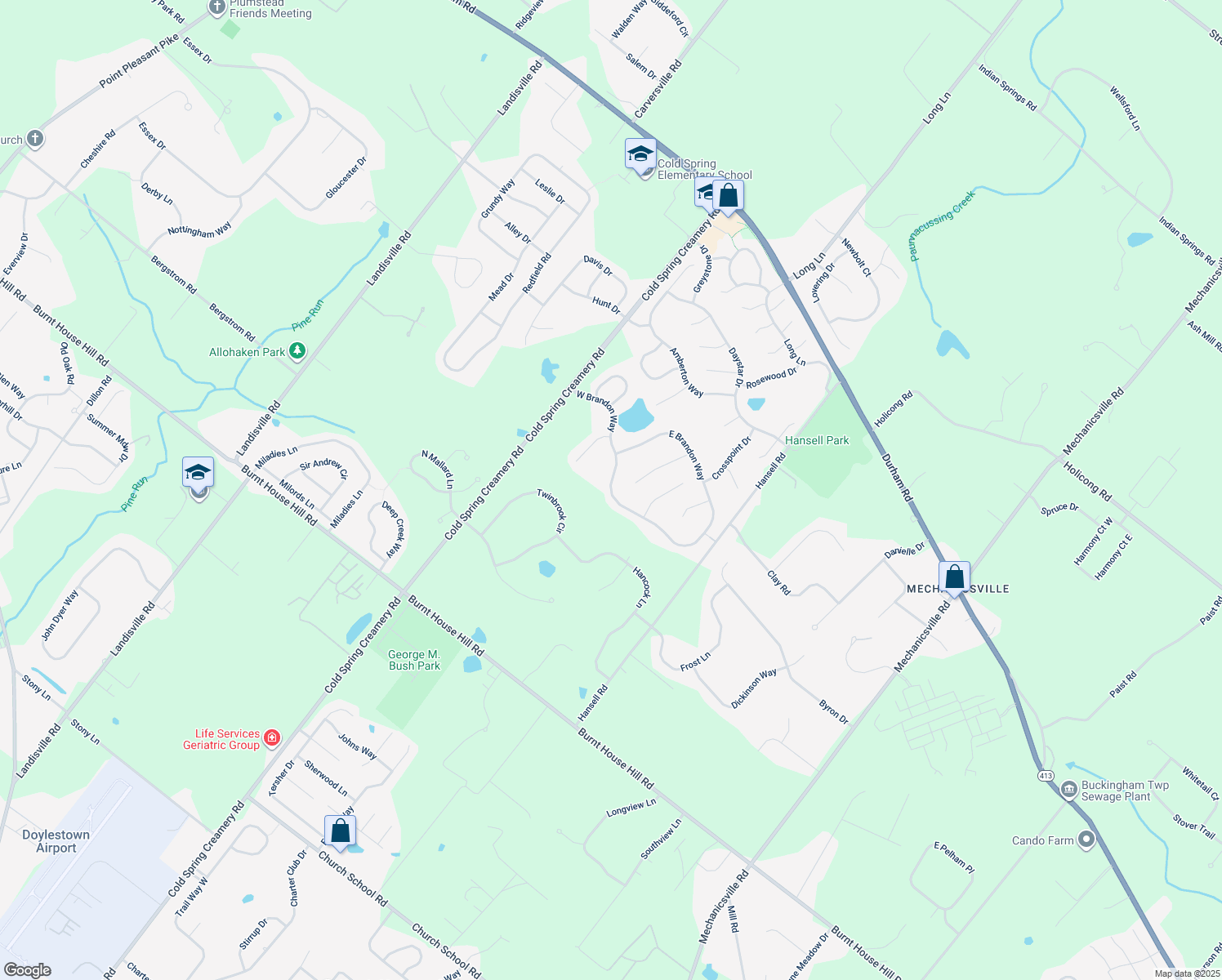 map of restaurants, bars, coffee shops, grocery stores, and more near 3836 West Brandon Way in Doylestown