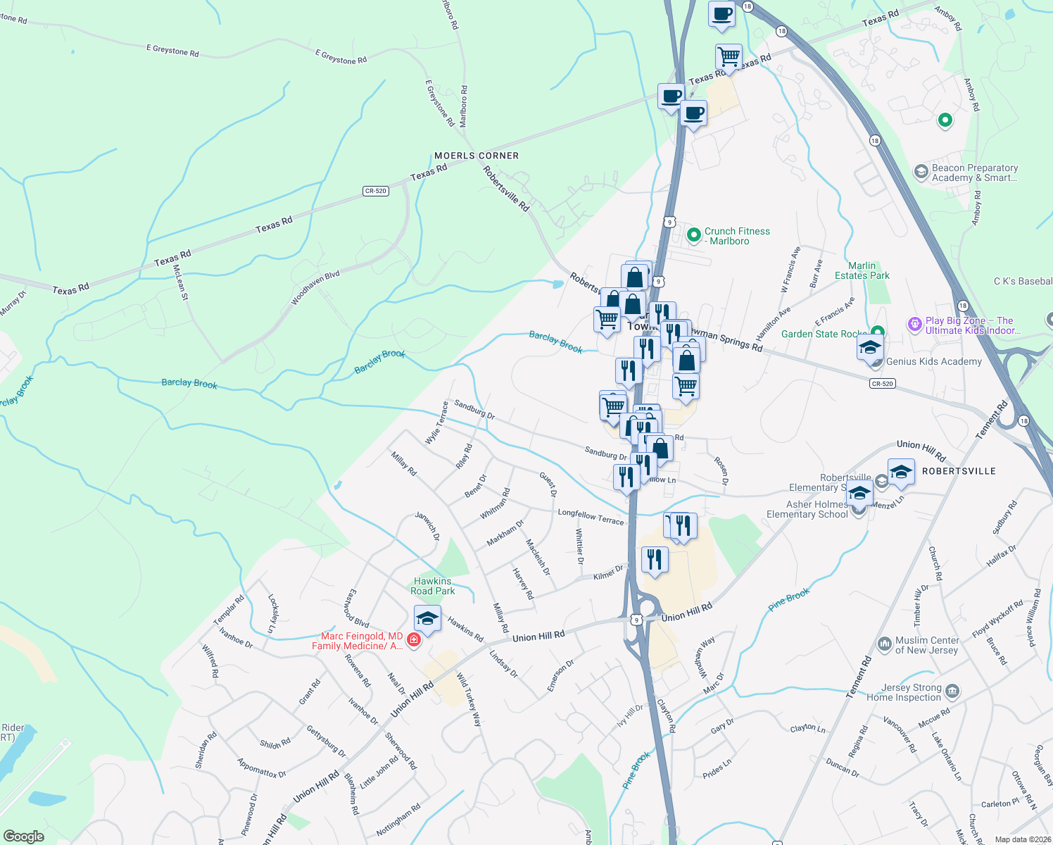 map of restaurants, bars, coffee shops, grocery stores, and more near 30 Sandburg Dr in Marlboro