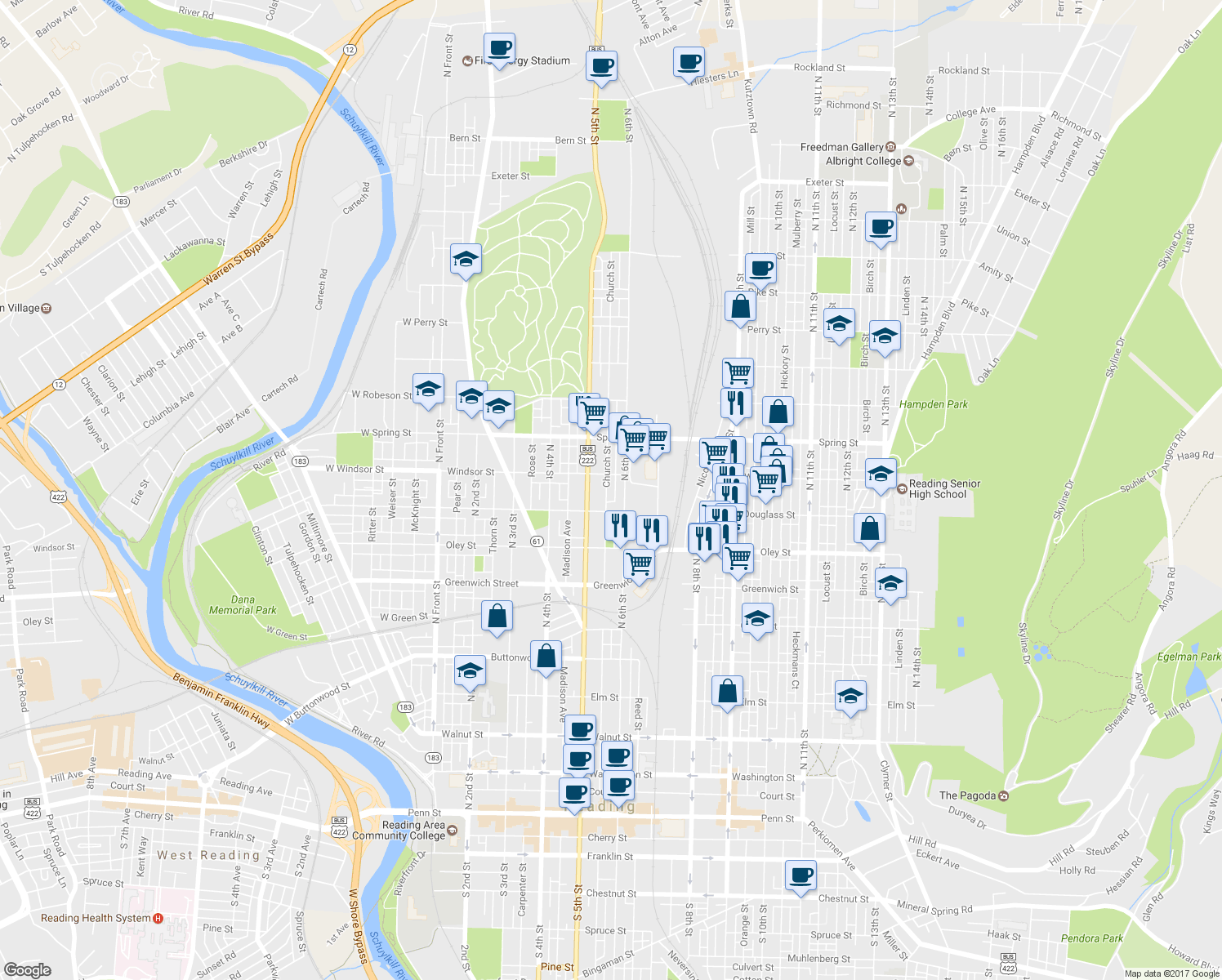 map of restaurants, bars, coffee shops, grocery stores, and more near 833 Church Street in Reading