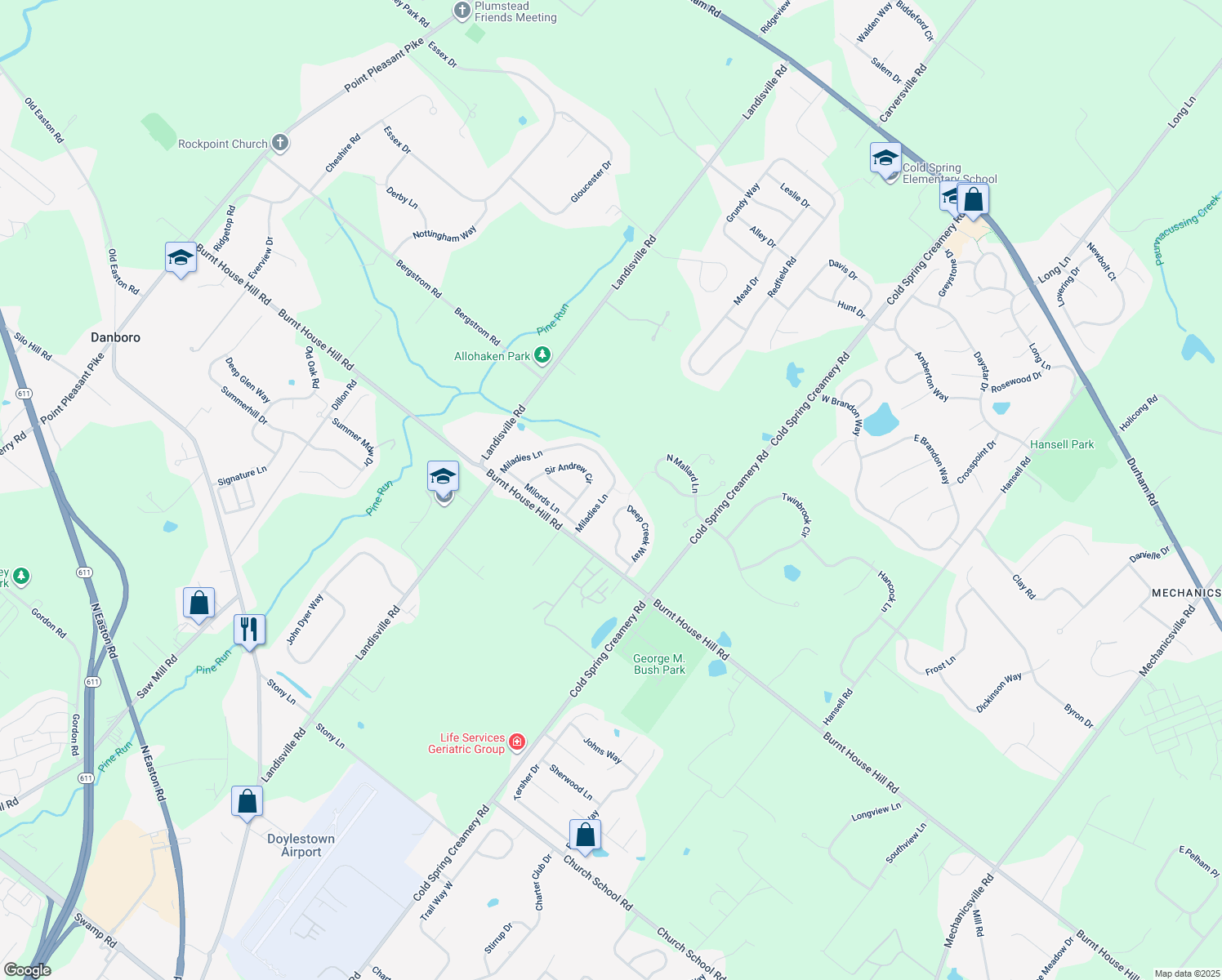 map of restaurants, bars, coffee shops, grocery stores, and more near 4173 Miladies Lane in Doylestown