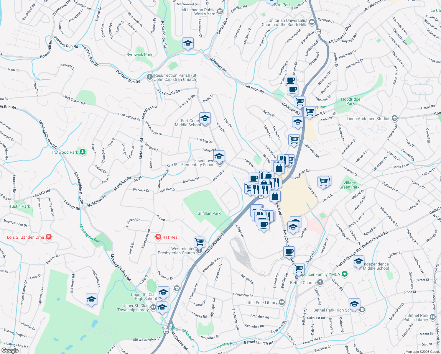 map of restaurants, bars, coffee shops, grocery stores, and more near 101 Warwick Drive in Pittsburgh