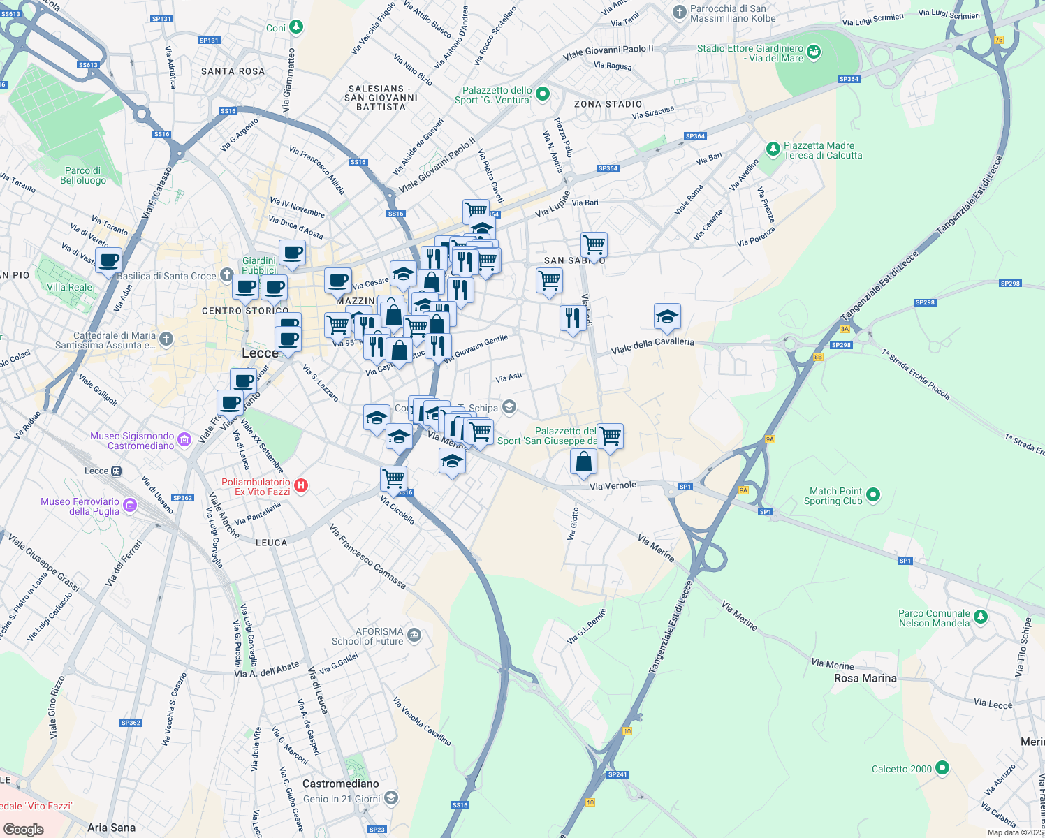 map of restaurants, bars, coffee shops, grocery stores, and more near 14 Via Corrado Giaquinto in Lecce