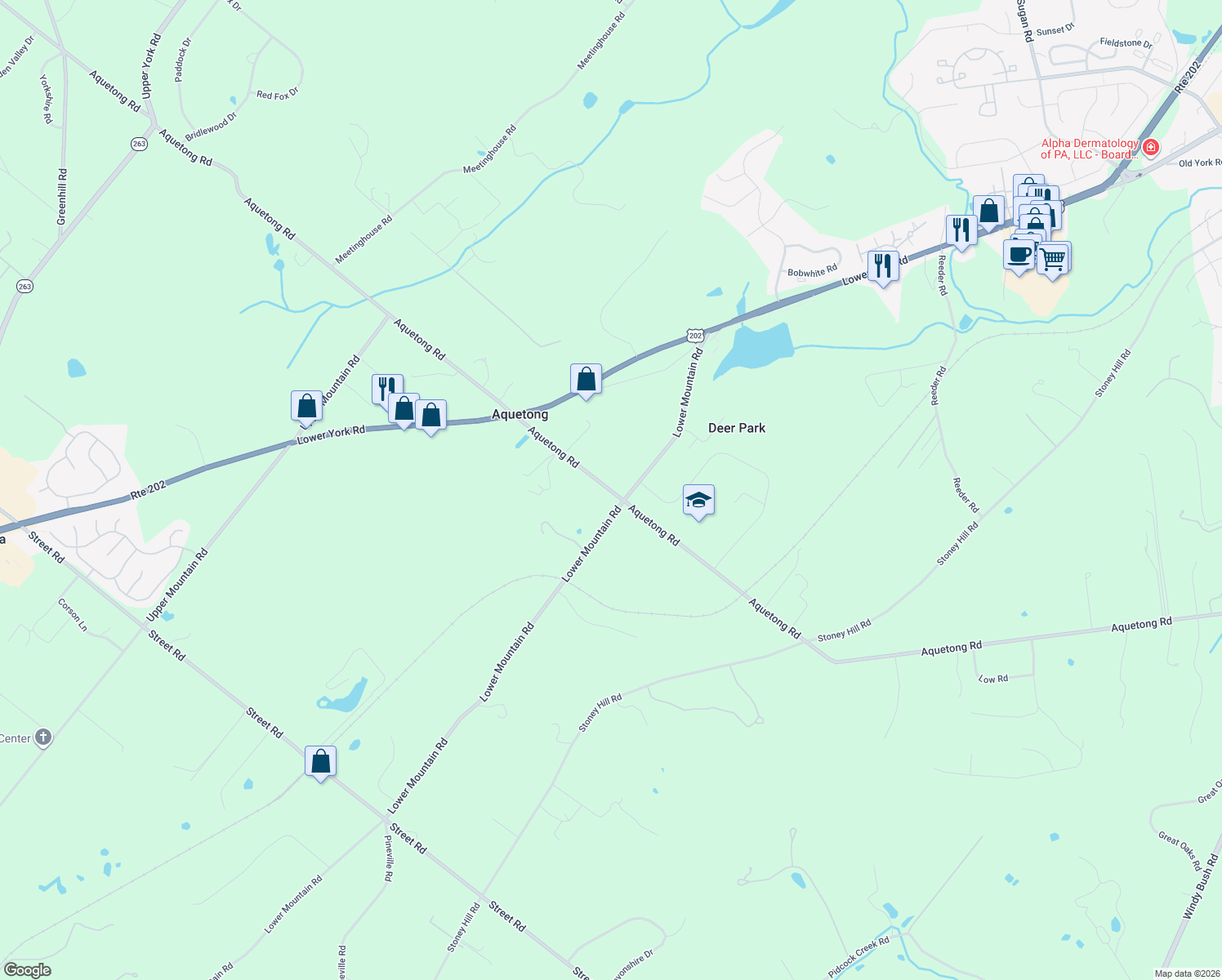 map of restaurants, bars, coffee shops, grocery stores, and more near 2587 Aquetong Road in New Hope