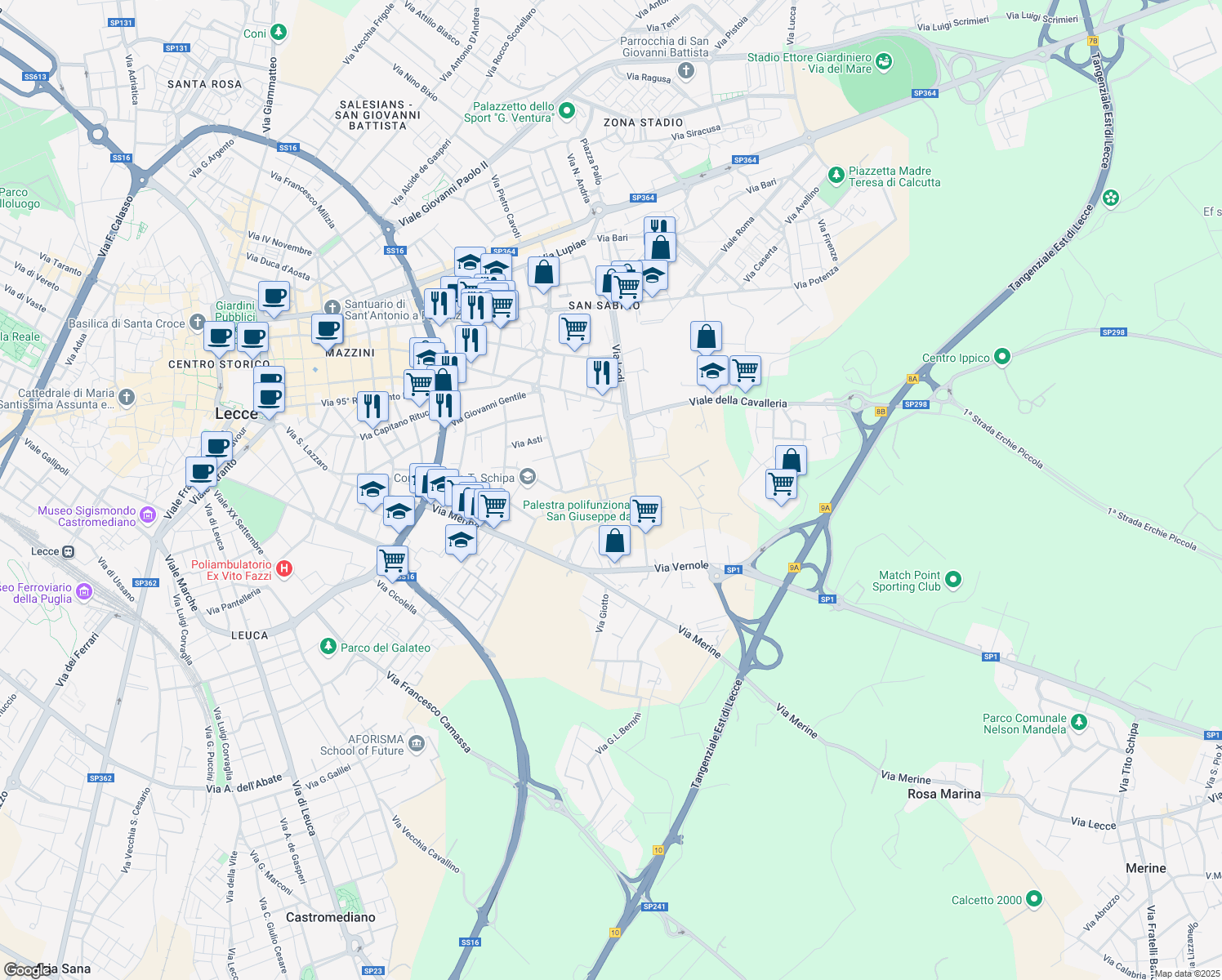map of restaurants, bars, coffee shops, grocery stores, and more near 18 Via Gabriele Caiulo in Lecce