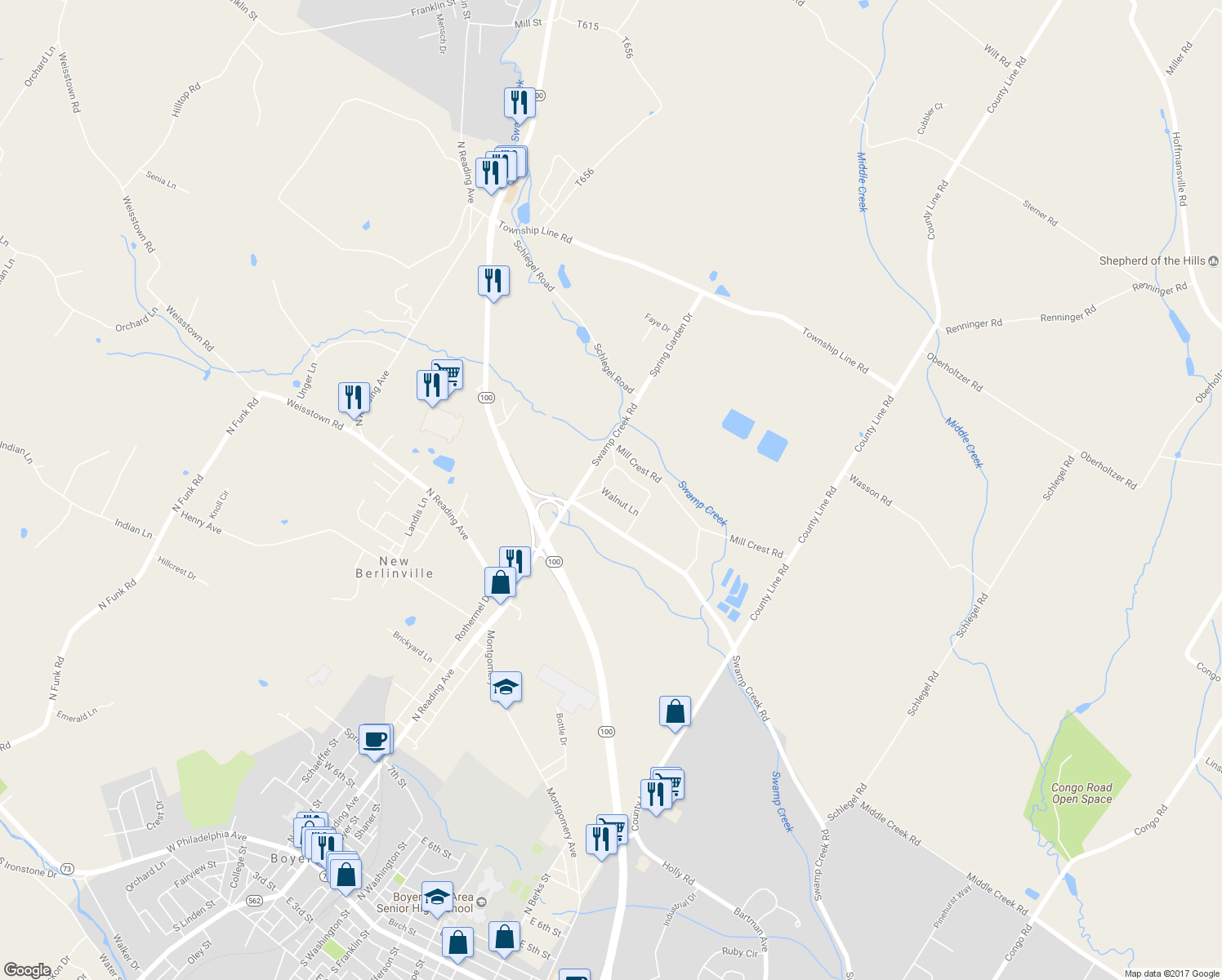 map of restaurants, bars, coffee shops, grocery stores, and more near 7 Walnut Lane in Bechtelsville