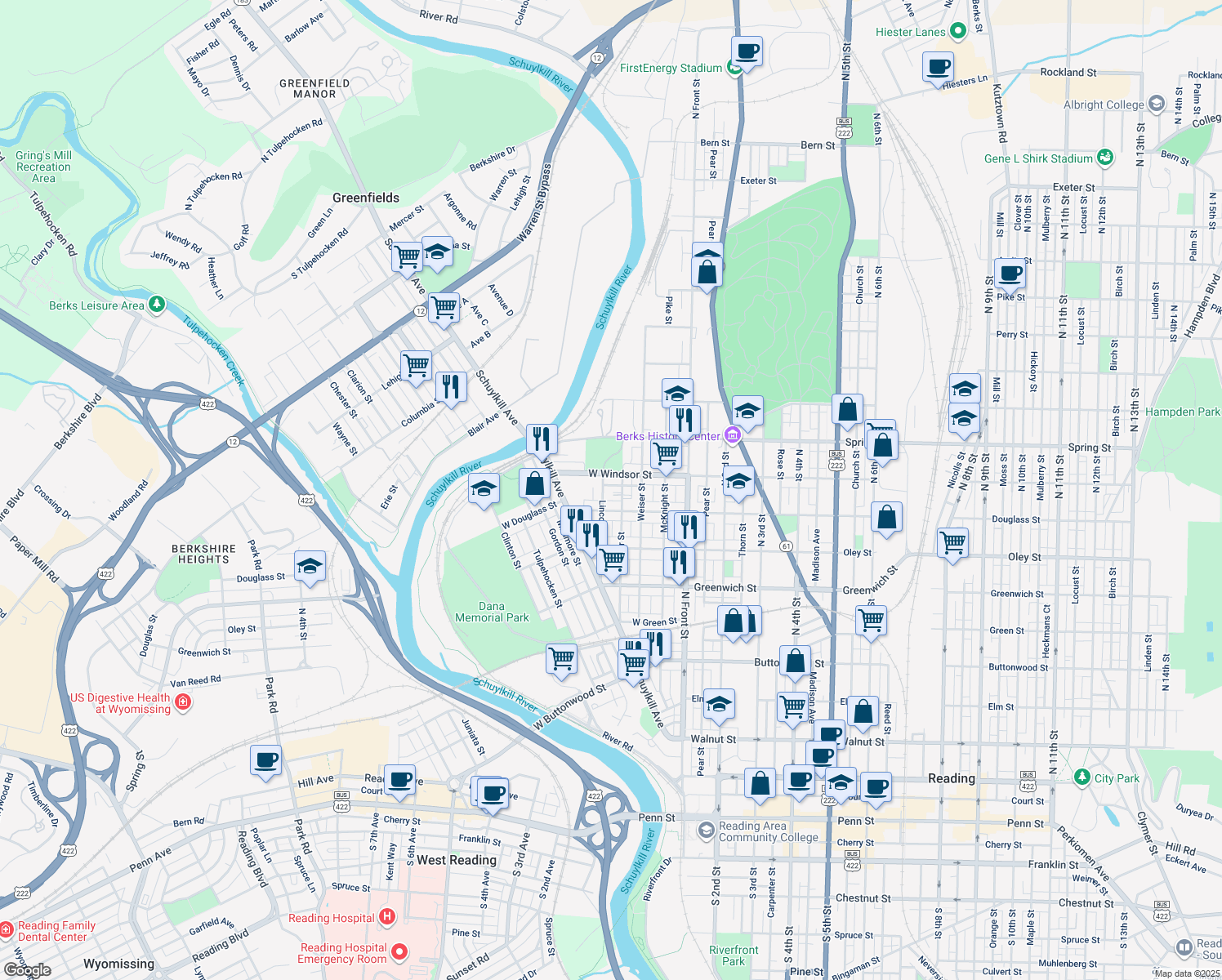 map of restaurants, bars, coffee shops, grocery stores, and more near 246 Jameson Place in Reading