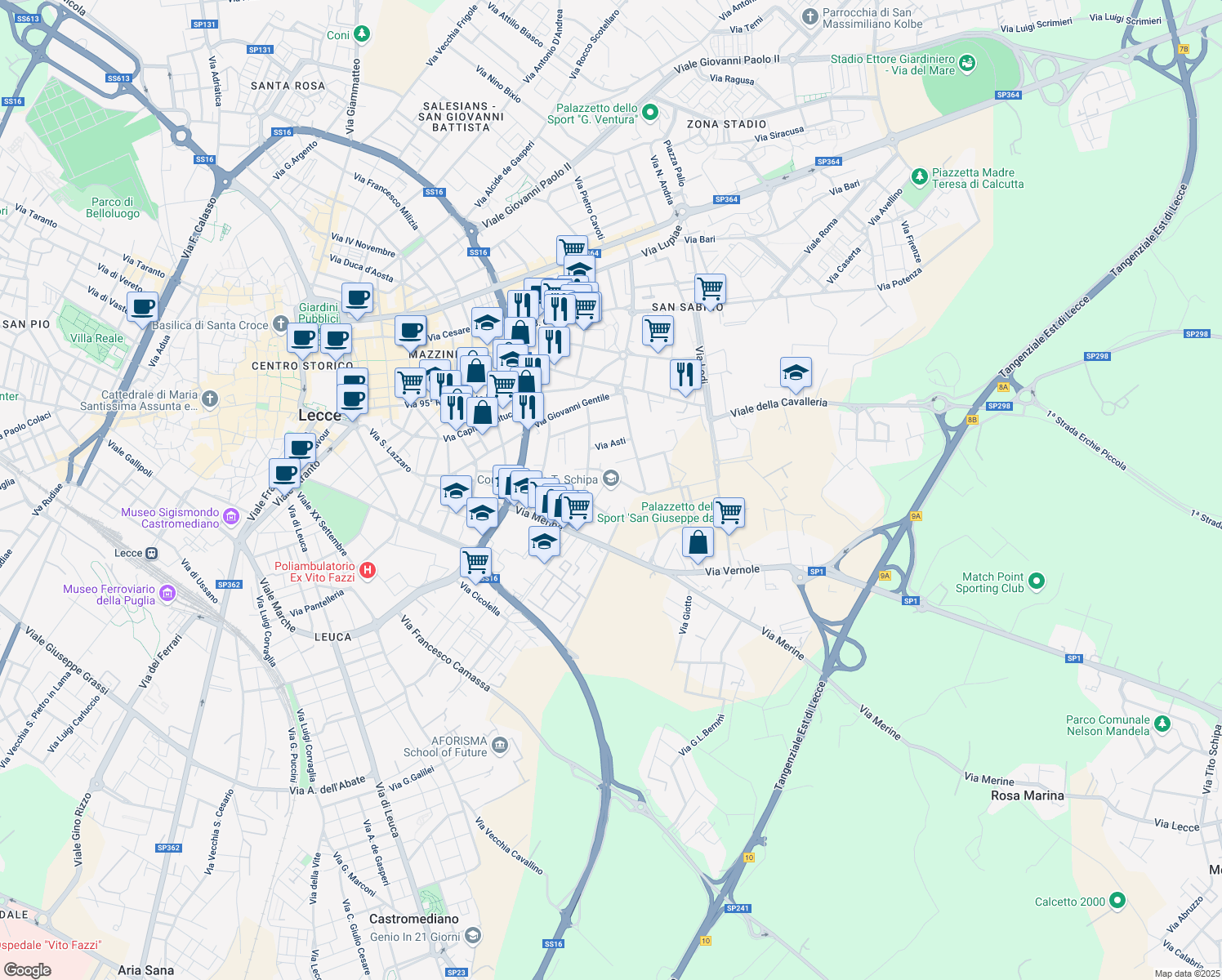 map of restaurants, bars, coffee shops, grocery stores, and more near 14 Via Corrado Giaquinto in Lecce