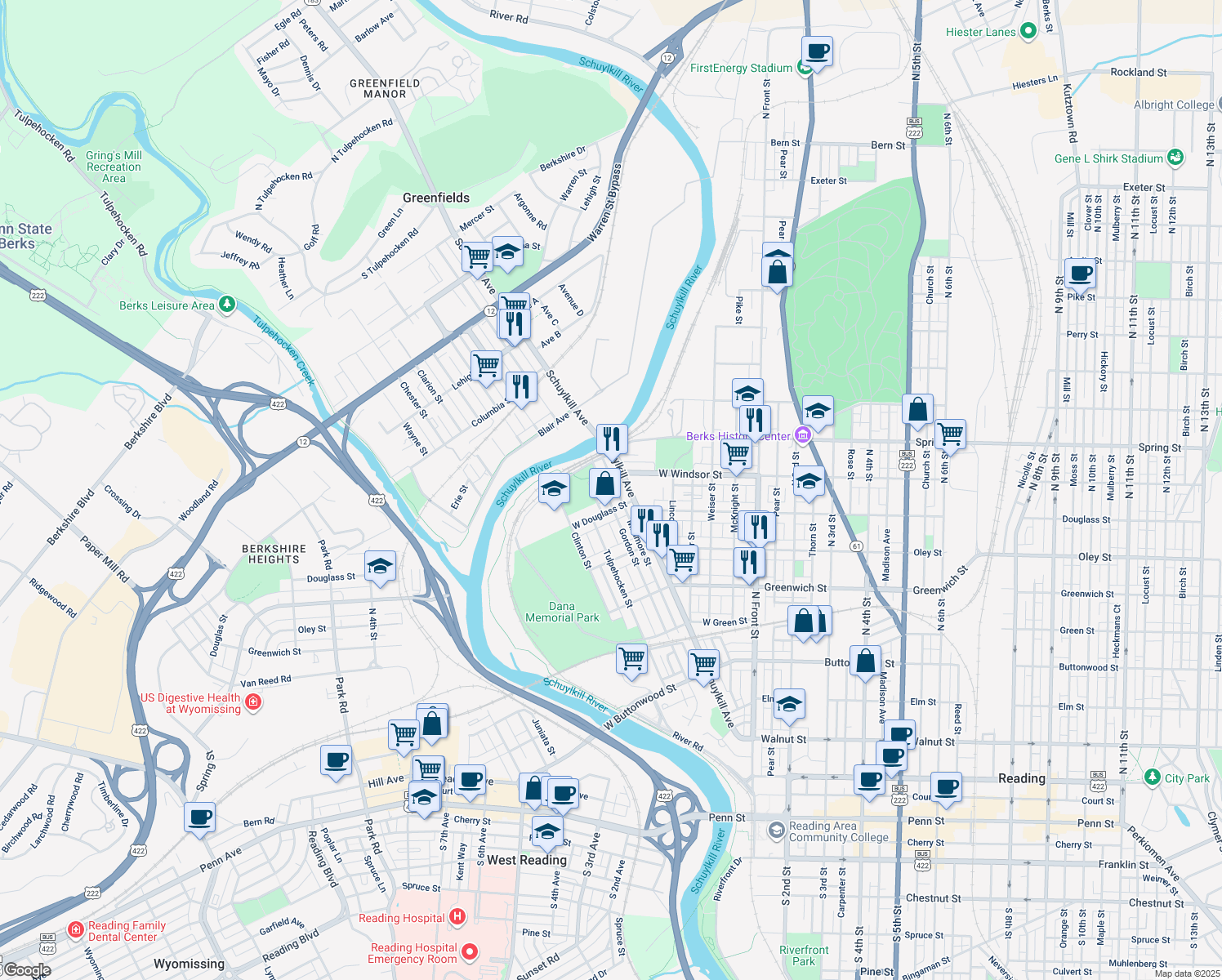 map of restaurants, bars, coffee shops, grocery stores, and more near 815 Gordon Street in Reading
