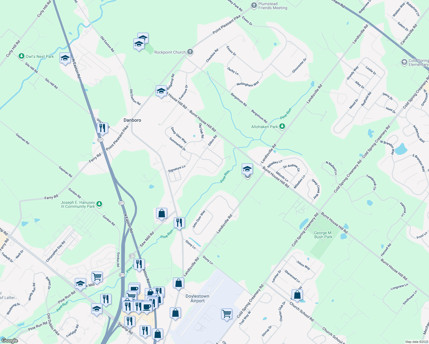 map of restaurants, bars, coffee shops, grocery stores, and more near 4438 Summer Meadow Drive in Doylestown