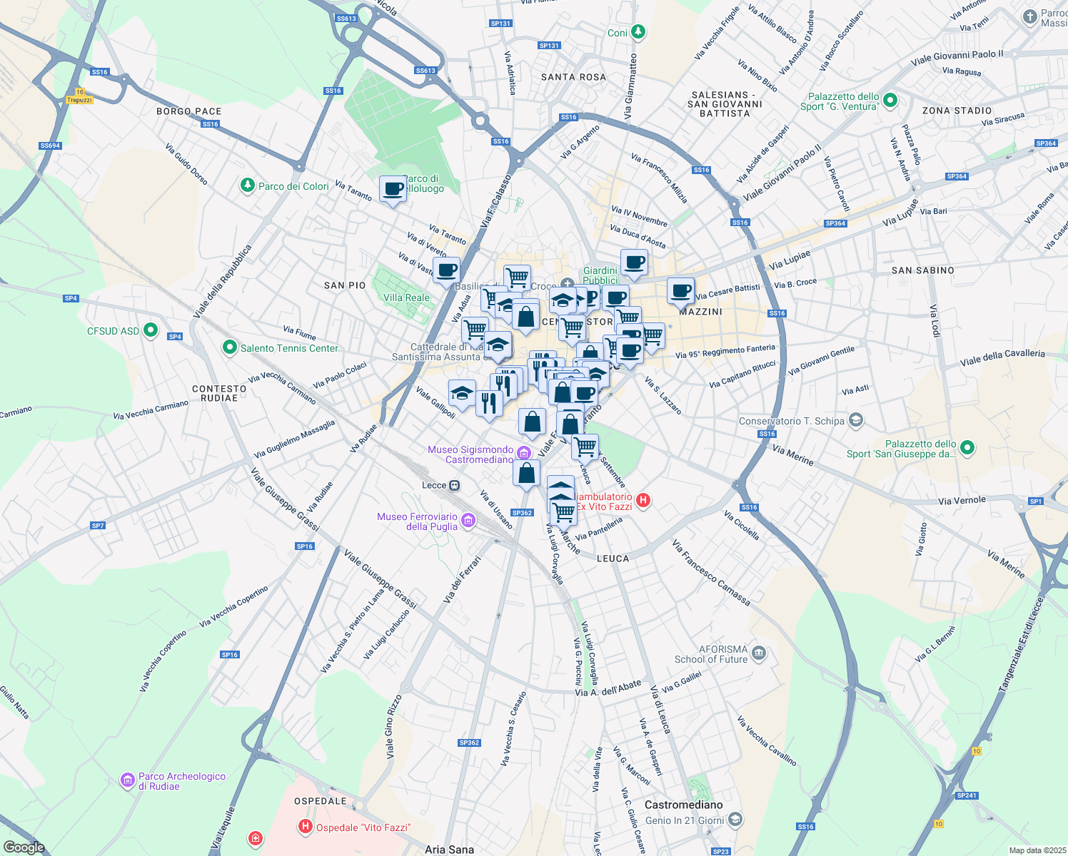 map of restaurants, bars, coffee shops, grocery stores, and more near Vico dei Nohi in Lecce