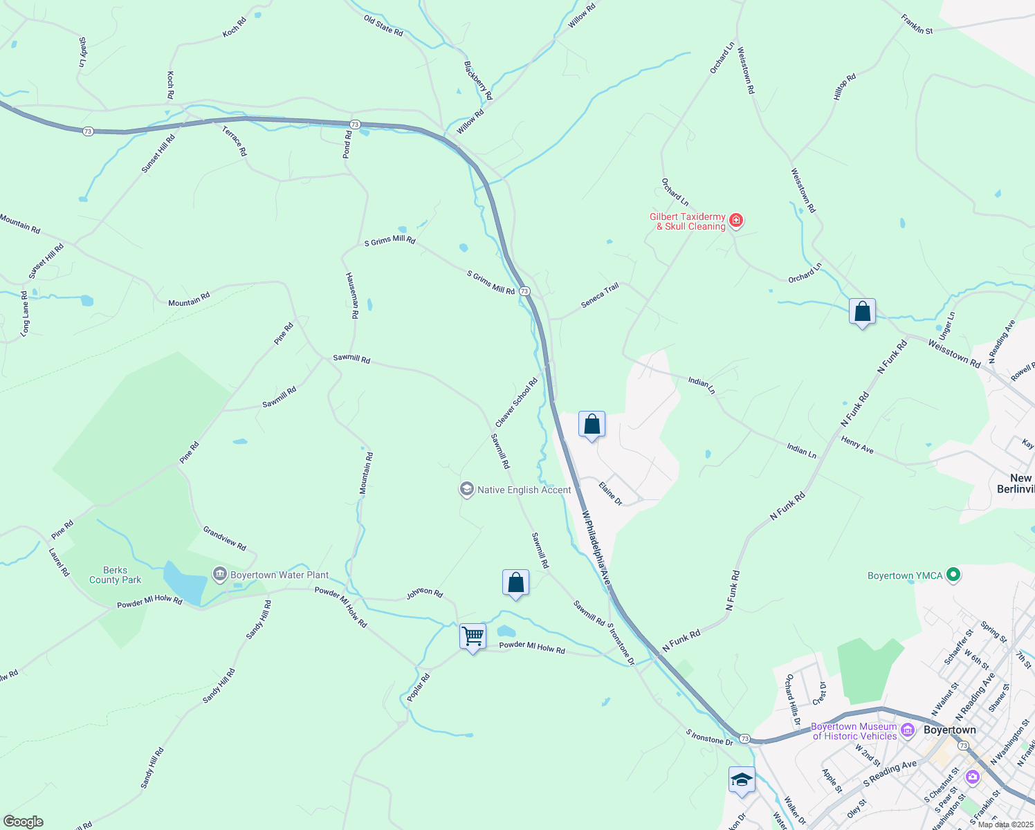 map of restaurants, bars, coffee shops, grocery stores, and more near 65 Cleaver School Road in Boyertown