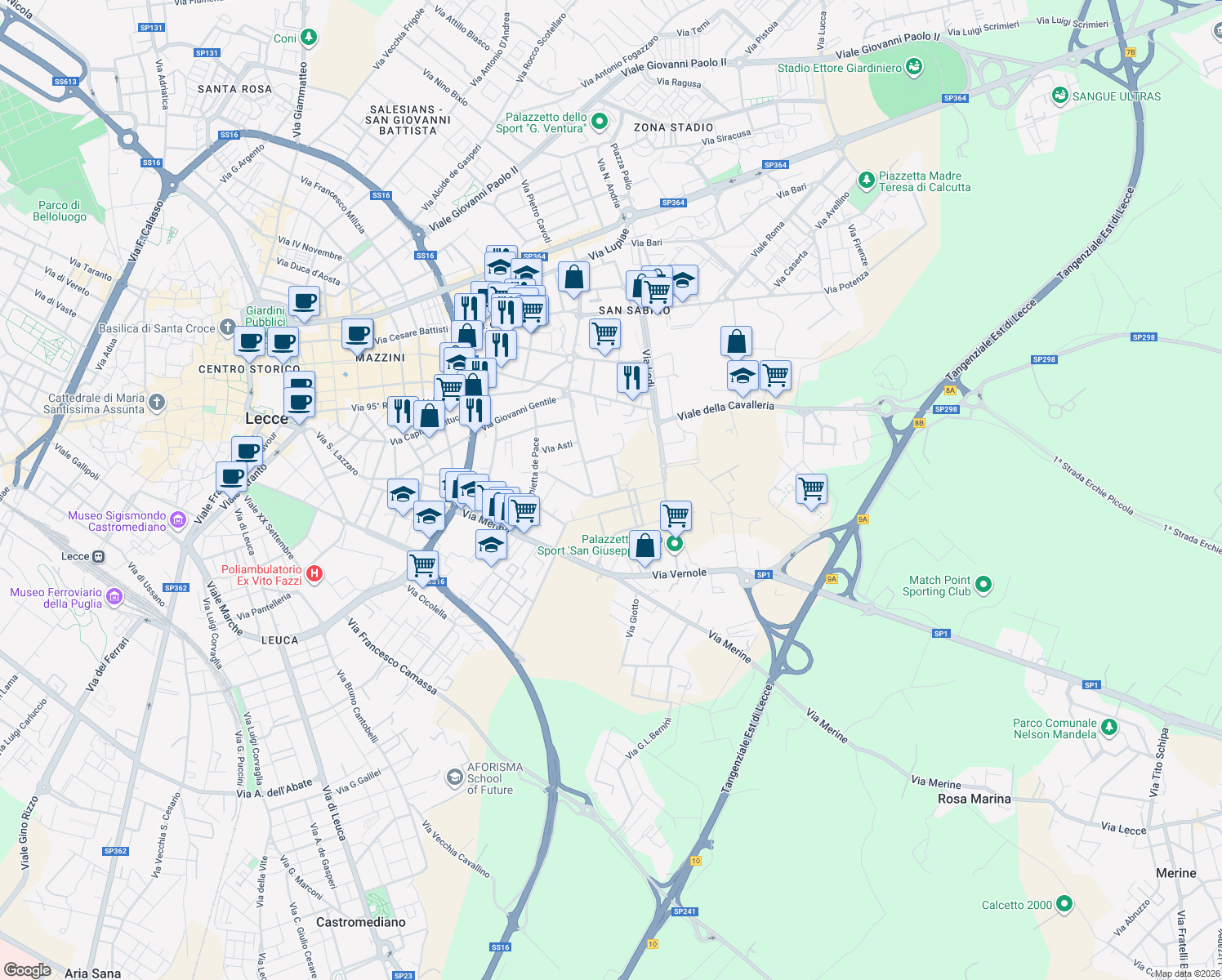 map of restaurants, bars, coffee shops, grocery stores, and more near 3 Via Carlo Carrá in Lecce