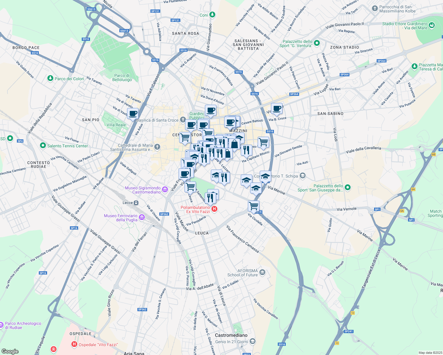 map of restaurants, bars, coffee shops, grocery stores, and more near 60 Via G. Antonio Orsini del Balzo in Lecce