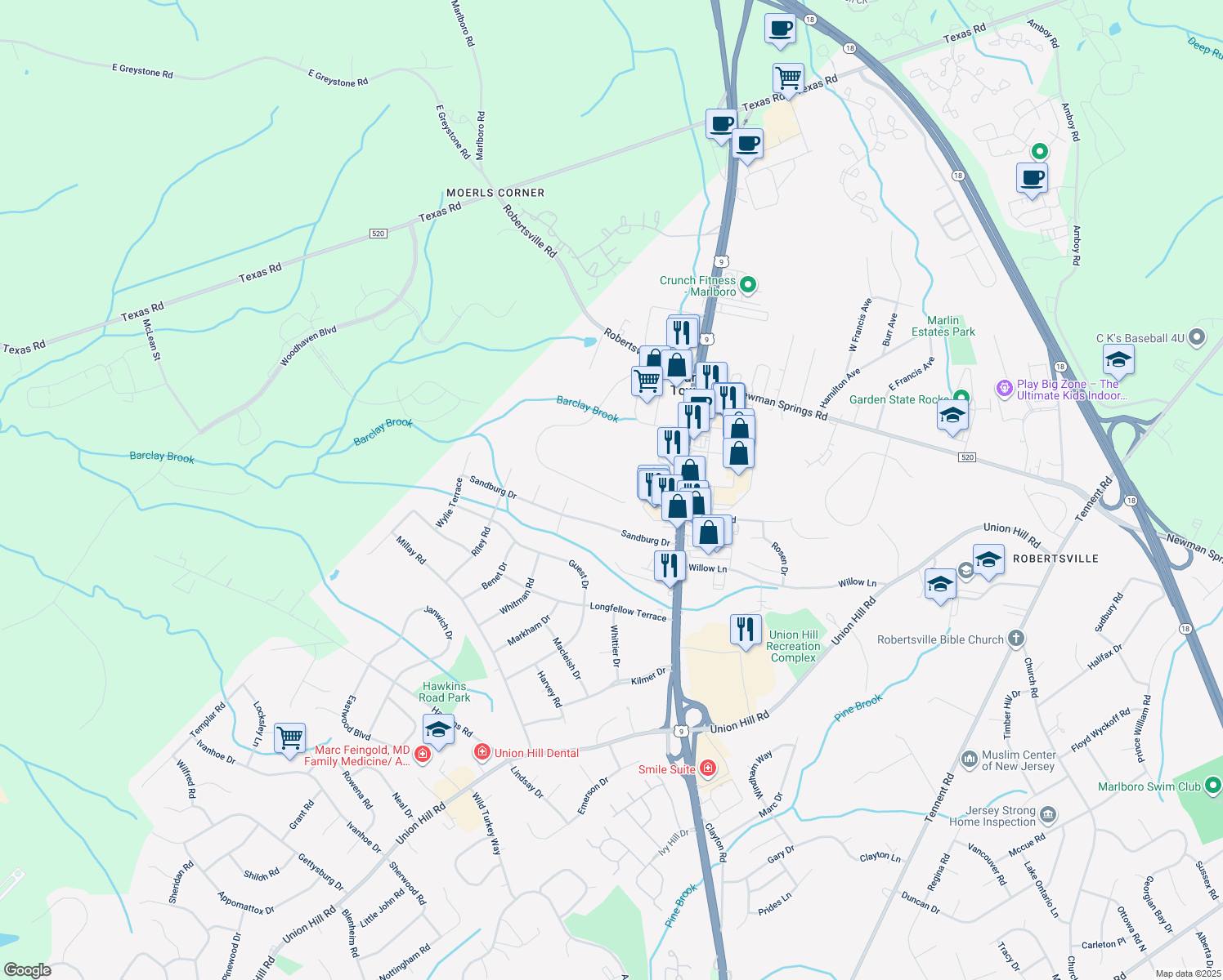 map of restaurants, bars, coffee shops, grocery stores, and more near 159 Serpentine Dr in Marlboro